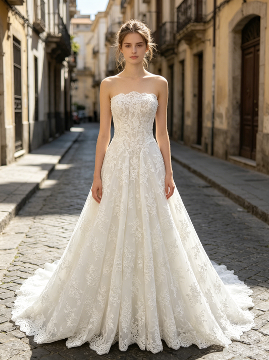 CS318 Strapless Lace A-Line Wedding Dress with Corset Bodice & Chapel Train