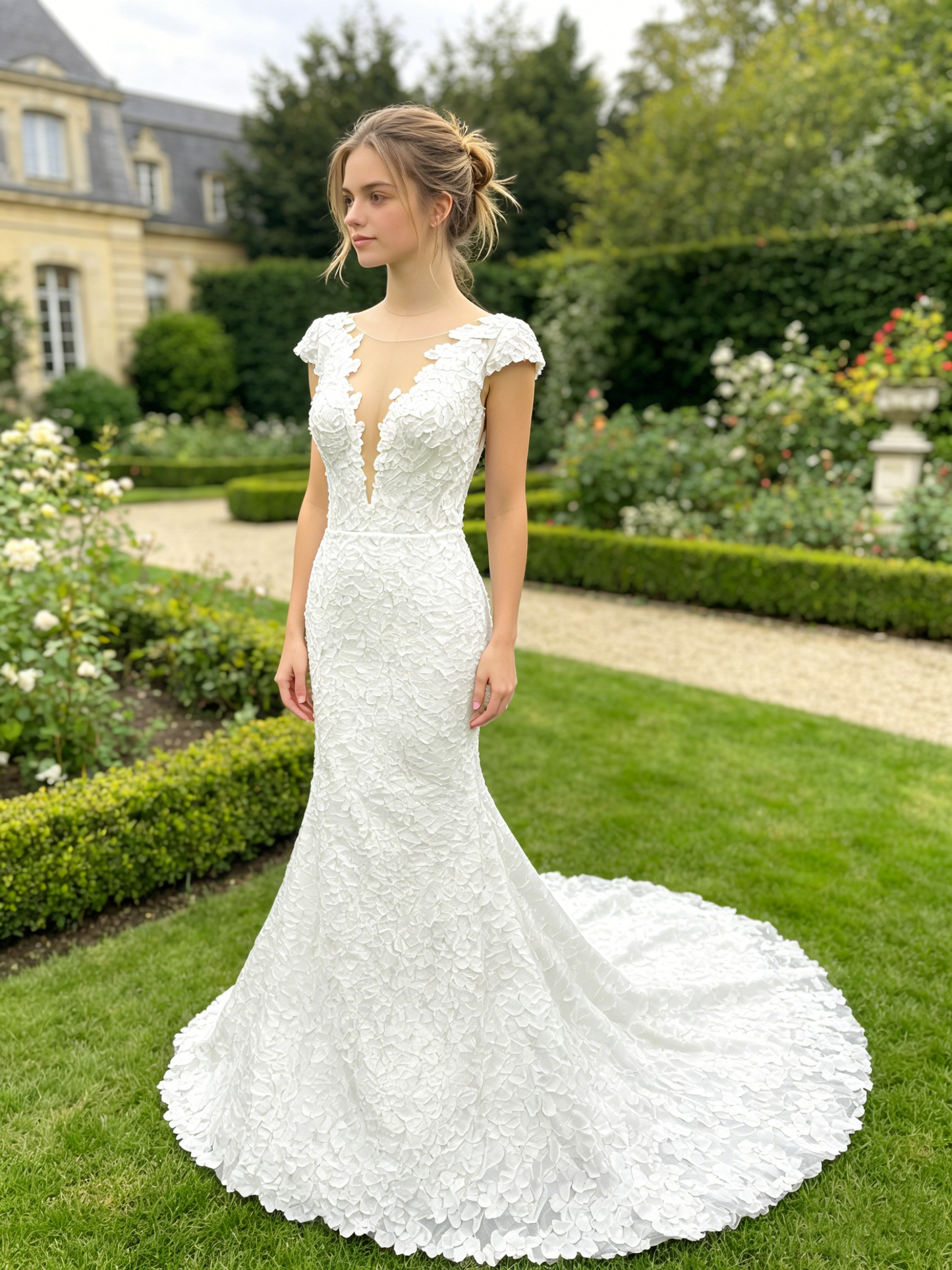 CS263 Elegant Satin Mermaid Wedding Dress with Plunging V Back & 3D Floral Applique