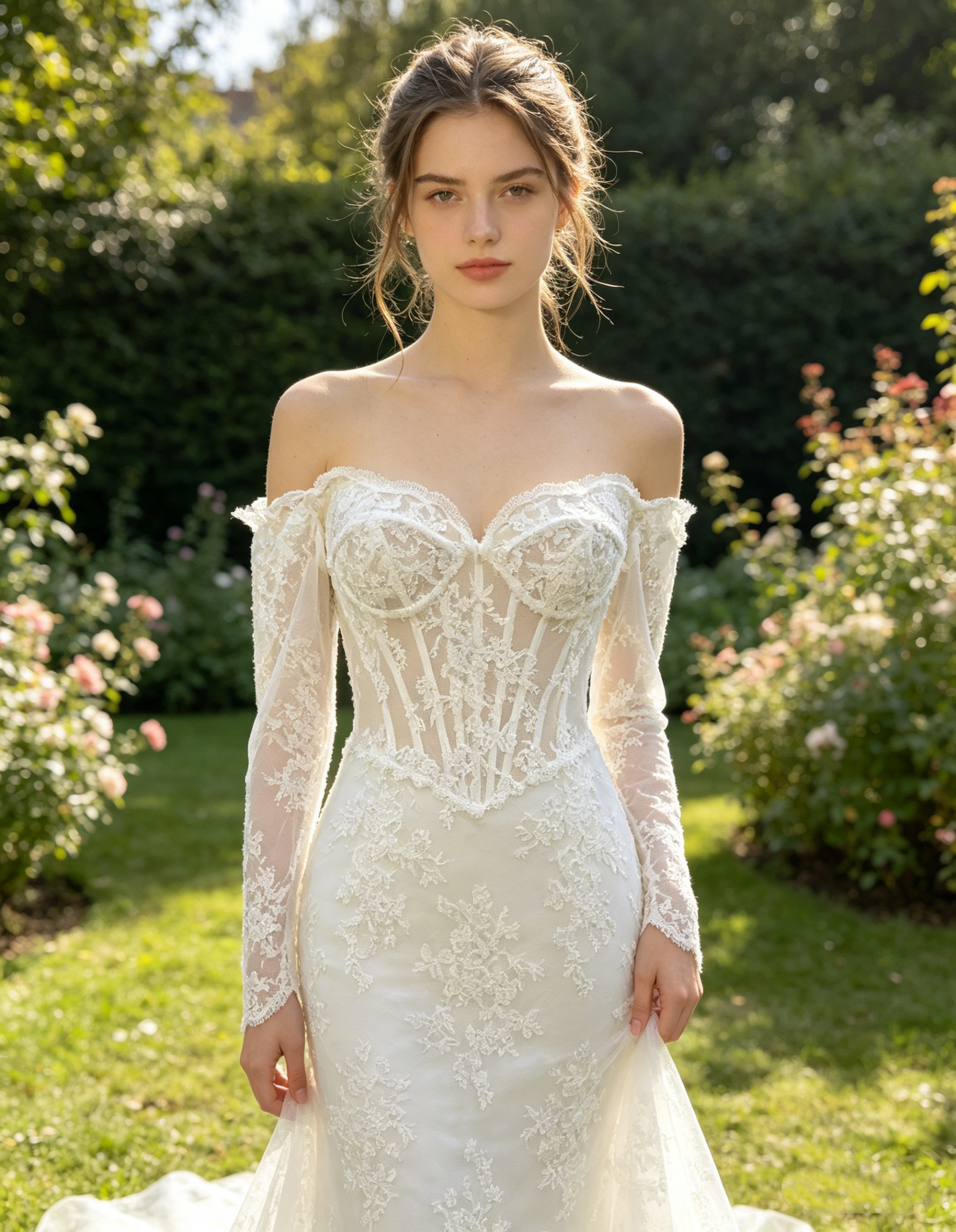 CS321 Off-the-Shoulder Lace Mermaid Wedding Dress with Corset Bodice & Long Sheer Sleeves