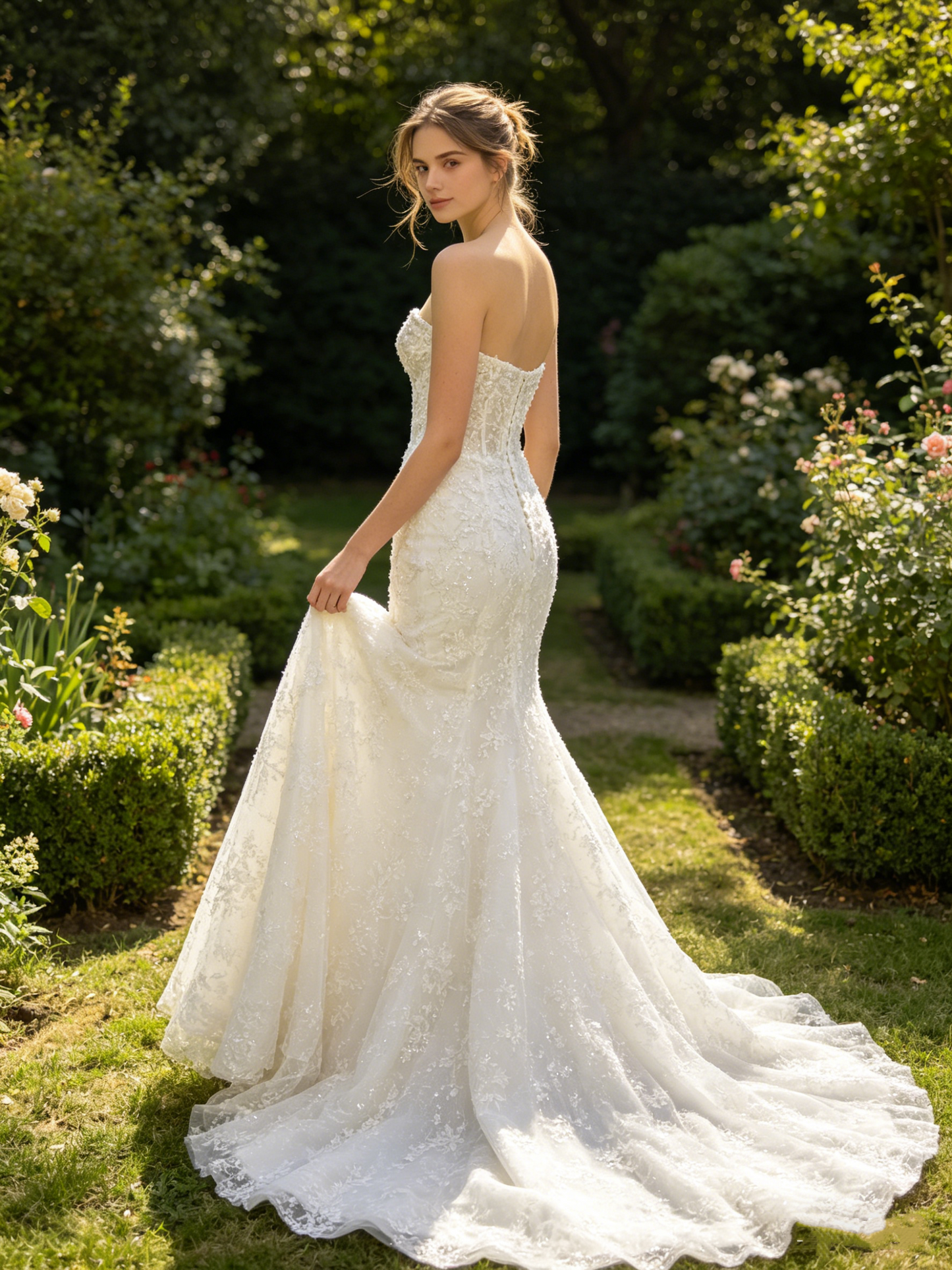 CS388 Strapless Beaded Lace Mermaid Wedding Dress with Plunge Sweetheart Neckline
