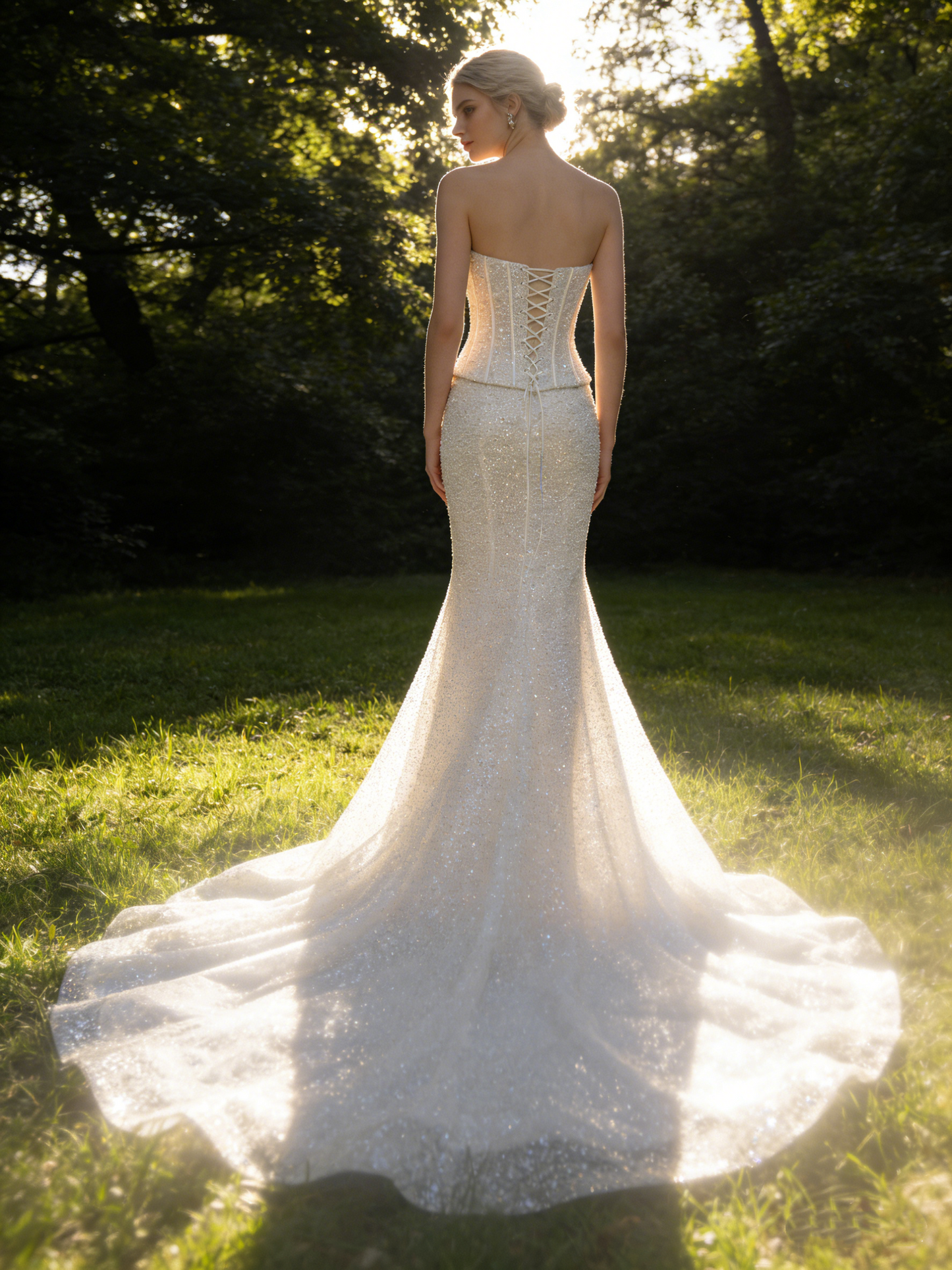 ZT025A Luxury Sparkle Mermaid Wedding Dress with Lace-Up Corset & Sequined Train