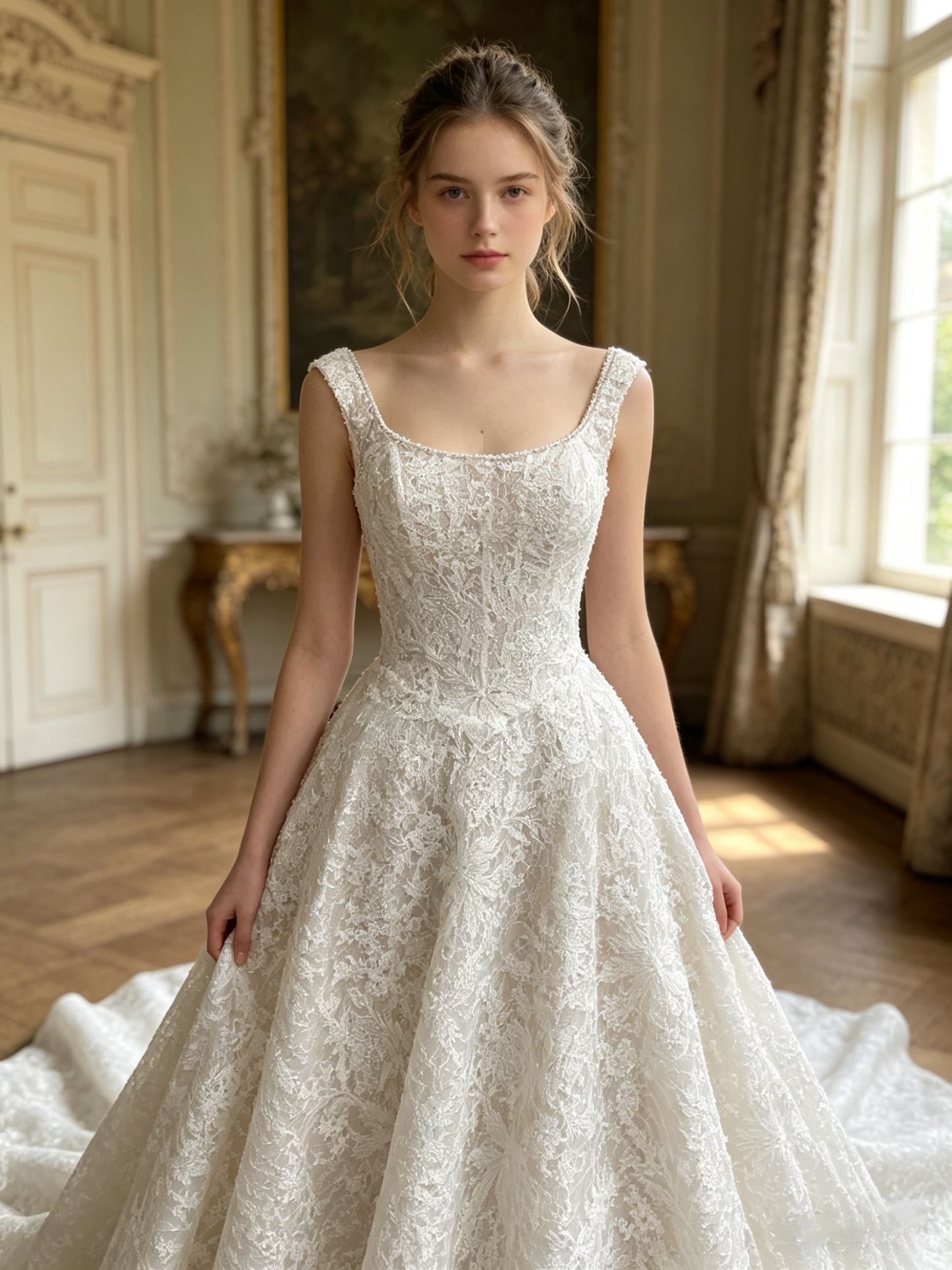 CS428 Scoop Neck Lace A-Line Wedding Dress with Corset Bodice