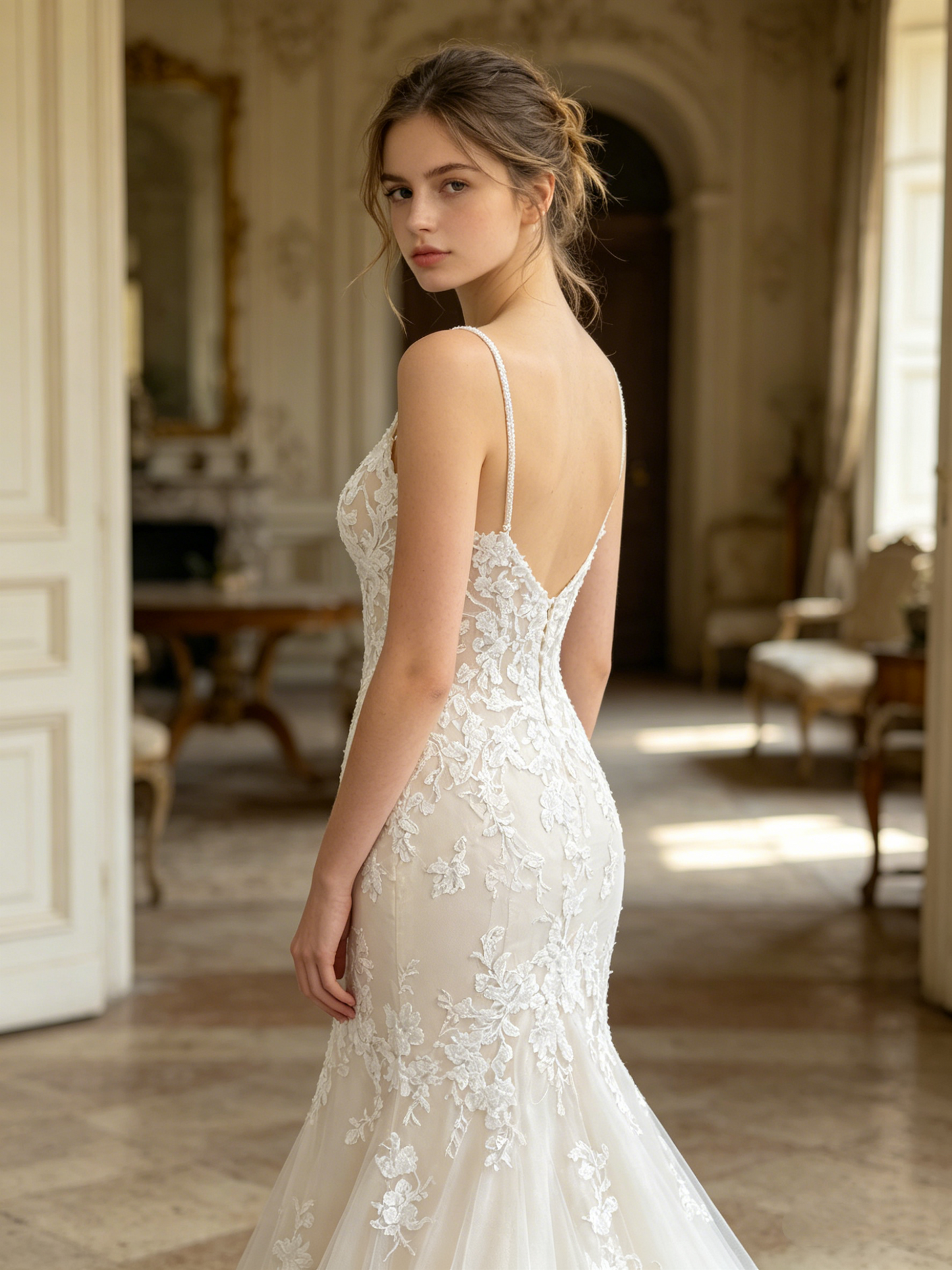 CS277 Romantic Lace Mermaid Wedding Dress with Beaded Spaghetti Straps & Deep V-Back