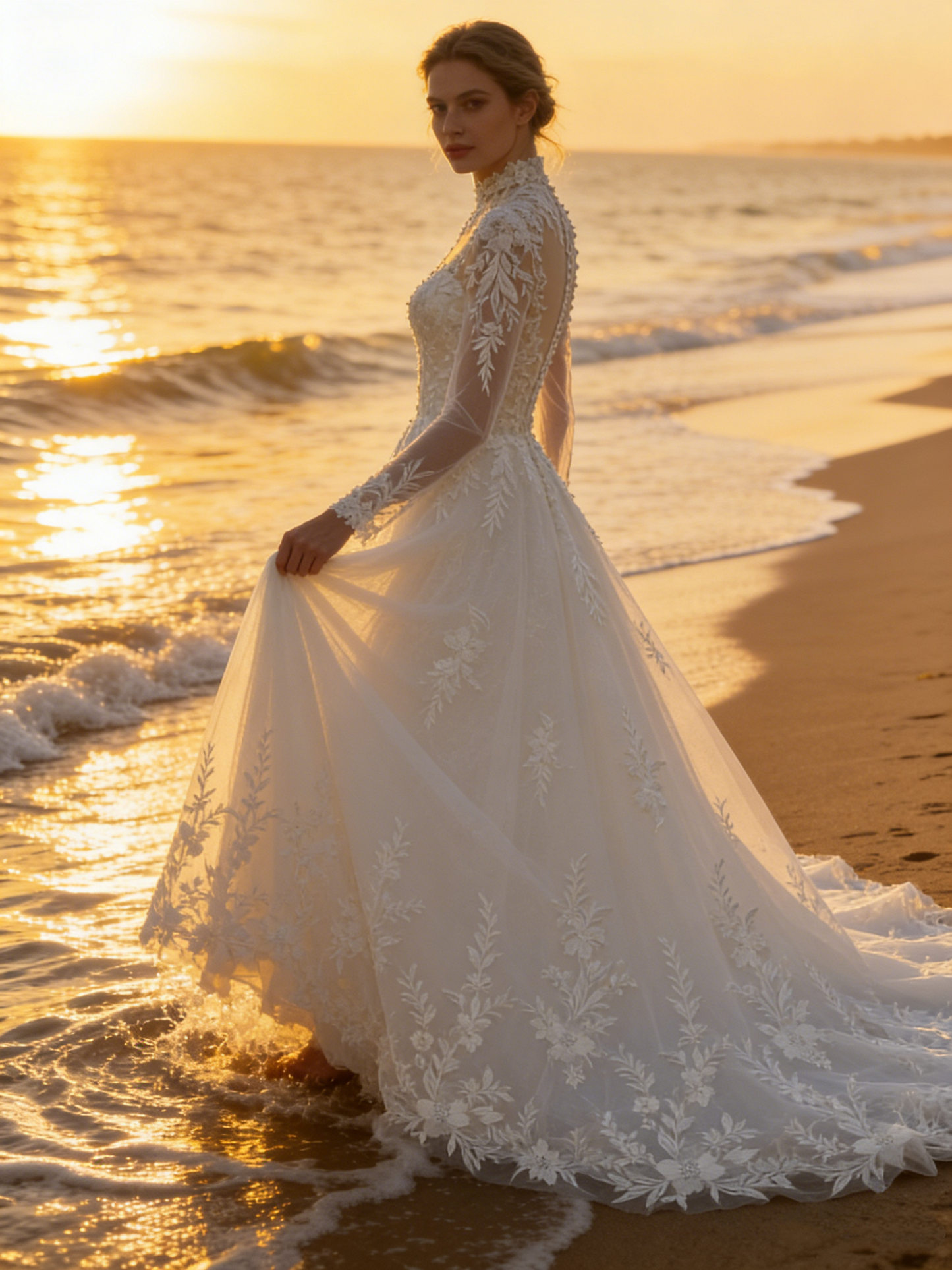 CS188  Luxury High Neck Long Sleeve Lace A-Line Wedding Dress with Illusion Back & Button Detailing
