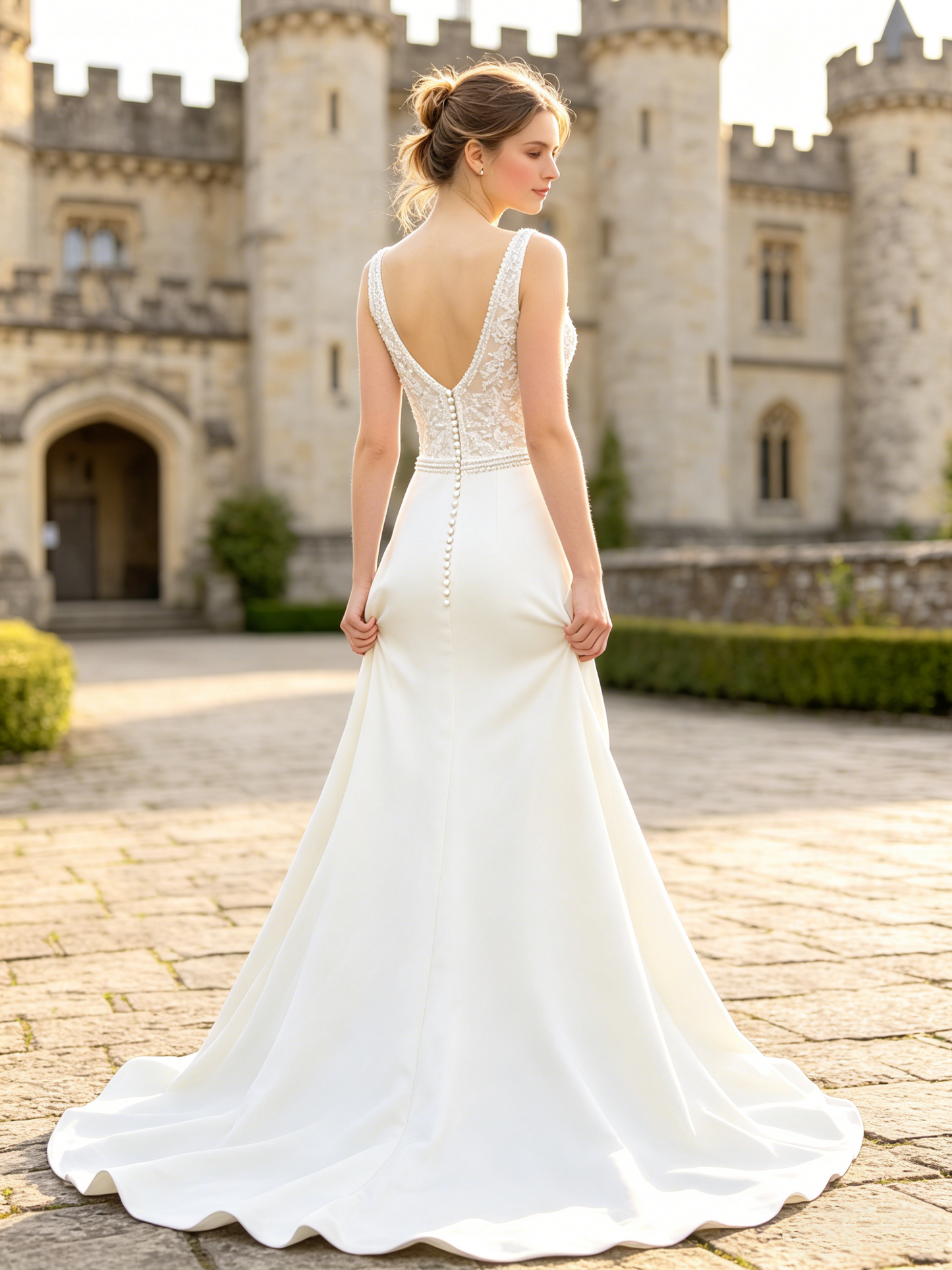 CS167 Elegant Beaded Lace Mermaid Wedding Dress with Plunging V-Neck & Chapel Train