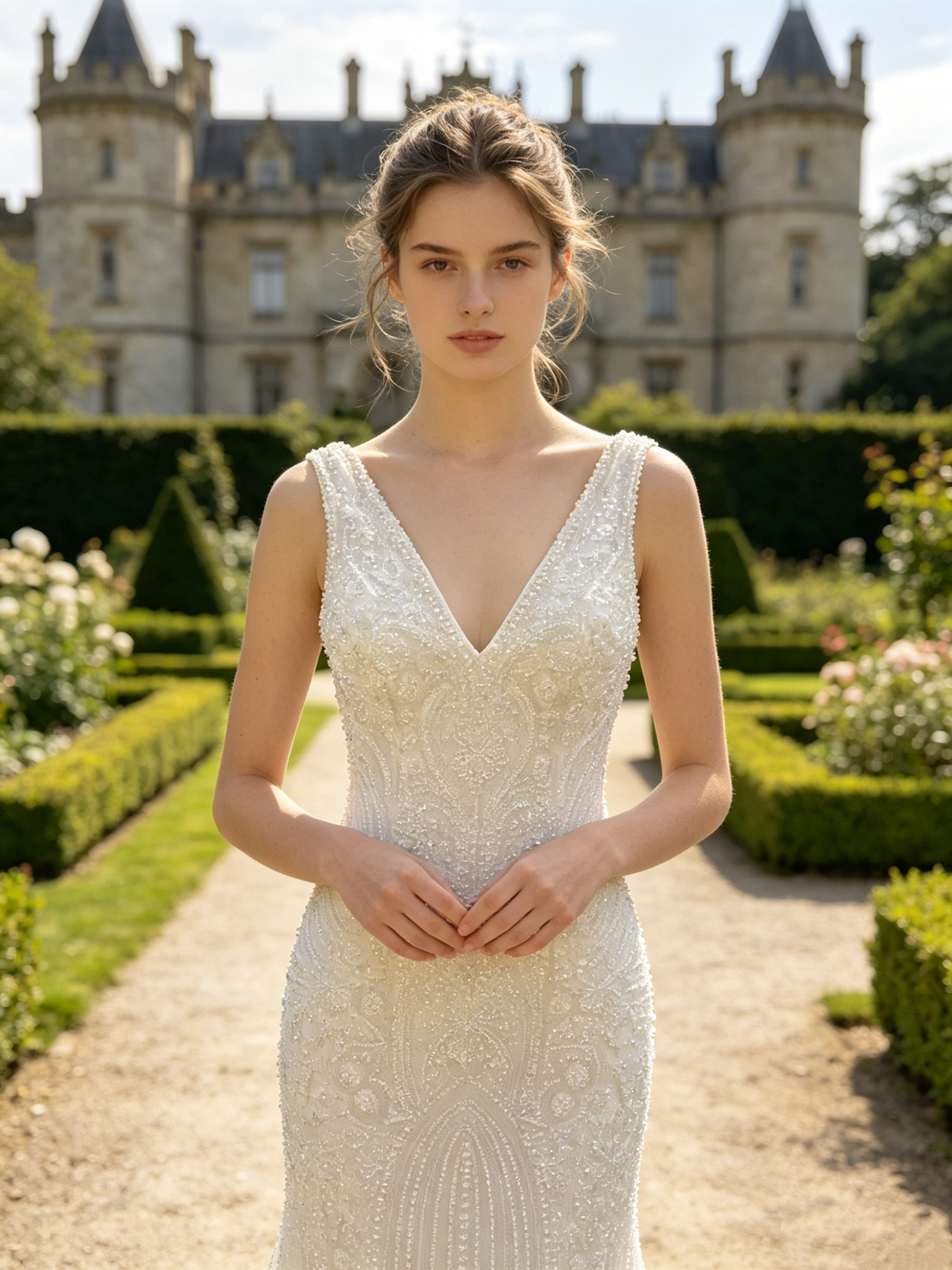 CS409 Beaded V-Neck Mermaid Wedding Dress with Corset Bodice