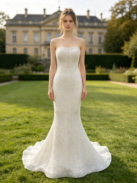 CN335 Strapless Beaded Mermaid Wedding Dress with Full Sparkle