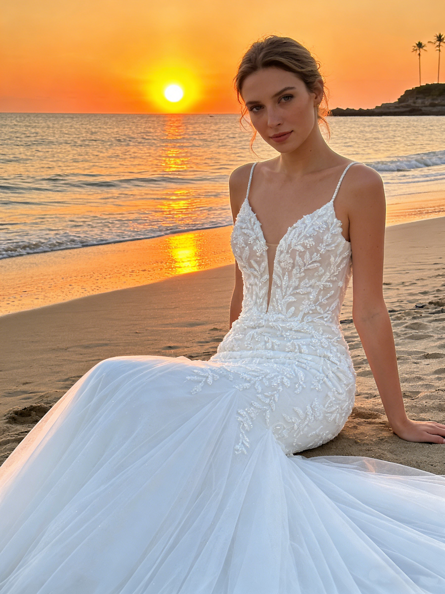 CS257 Elegant Beaded Spaghetti Strap Mermaid Wedding Dress with Illusion Back &amp; Ruffle Train
