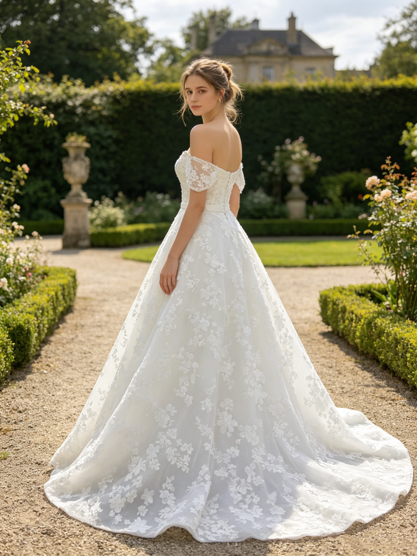 CS329 Off-the-Shoulder Floral Lace A-Line Wedding Dress with Removable Straps & Waist Sash