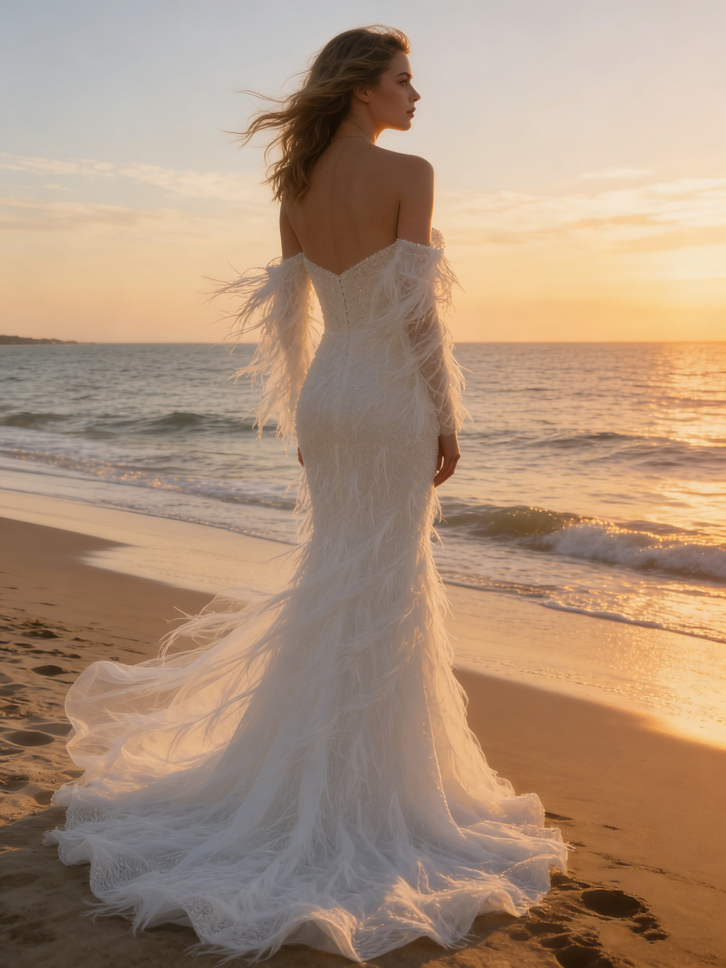CS220 Luxury Beaded Mermaid Wedding Dress with Detachable Feather Sleeves