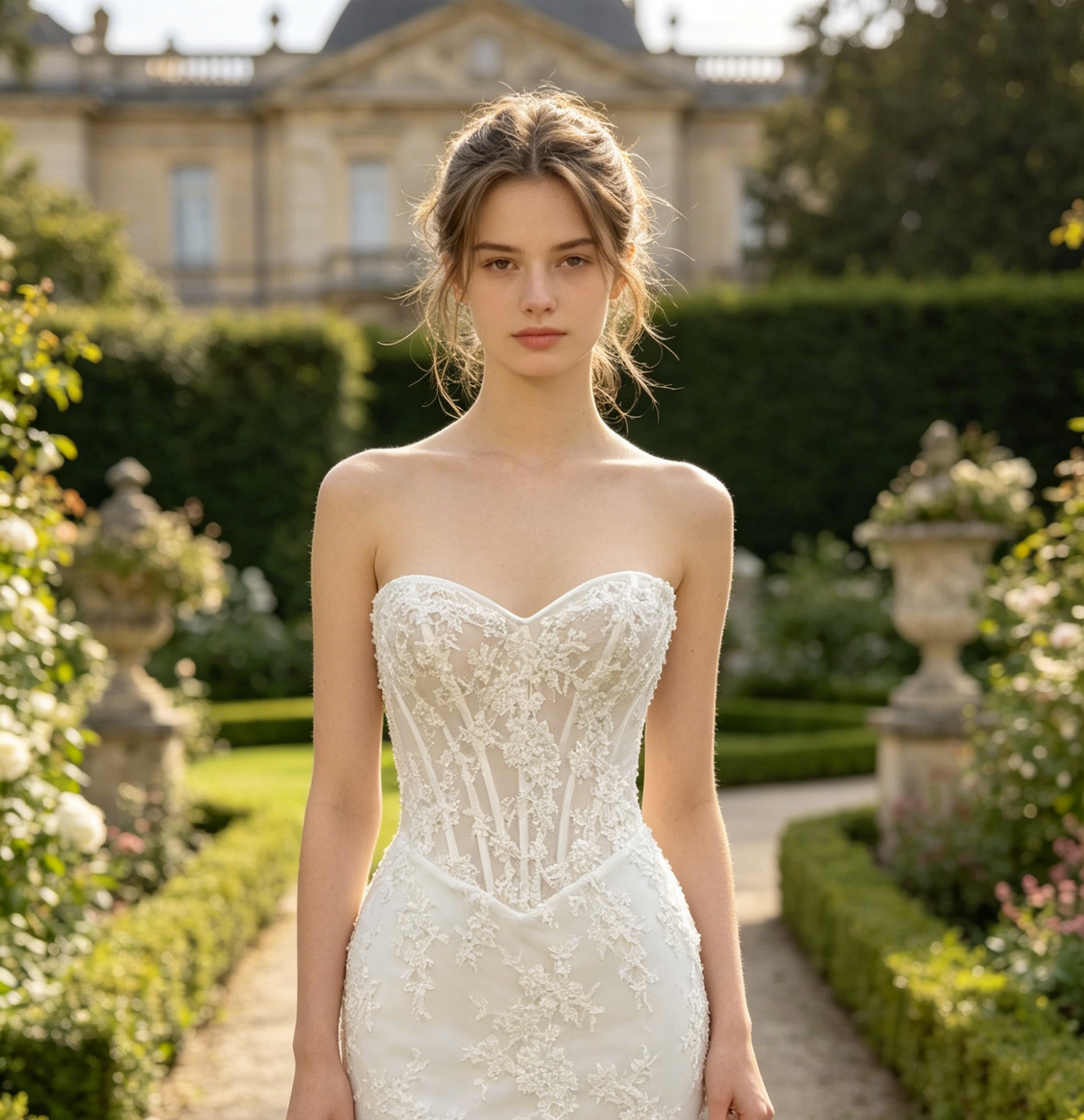 CN319 Strapless Sweetheart Mermaid Wedding Dress with Sheer Corset Bodice & Detachable Sleeves