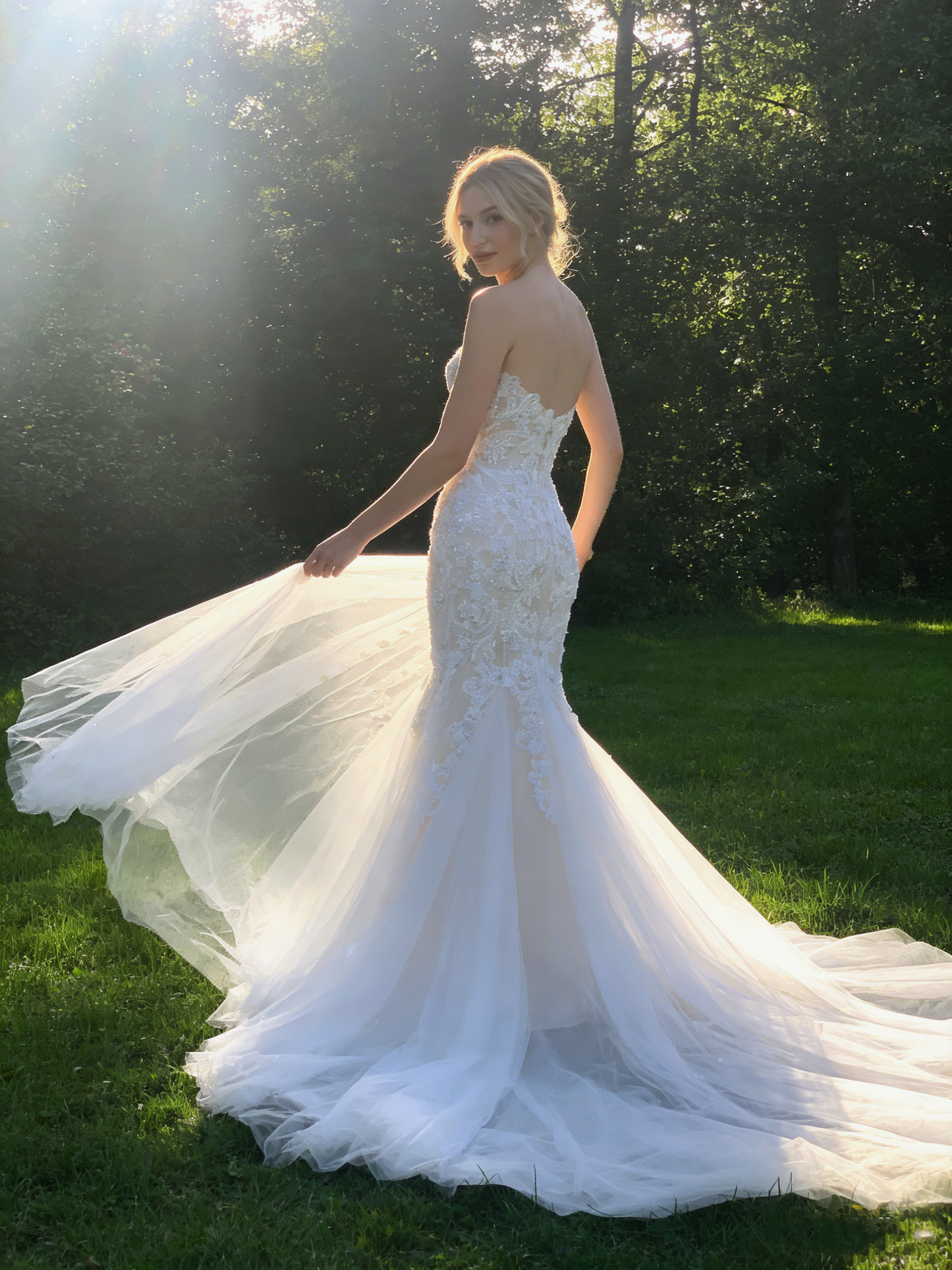 JF043 Strapless Lace Mermaid Wedding Dress with Ruffled Tulle Train