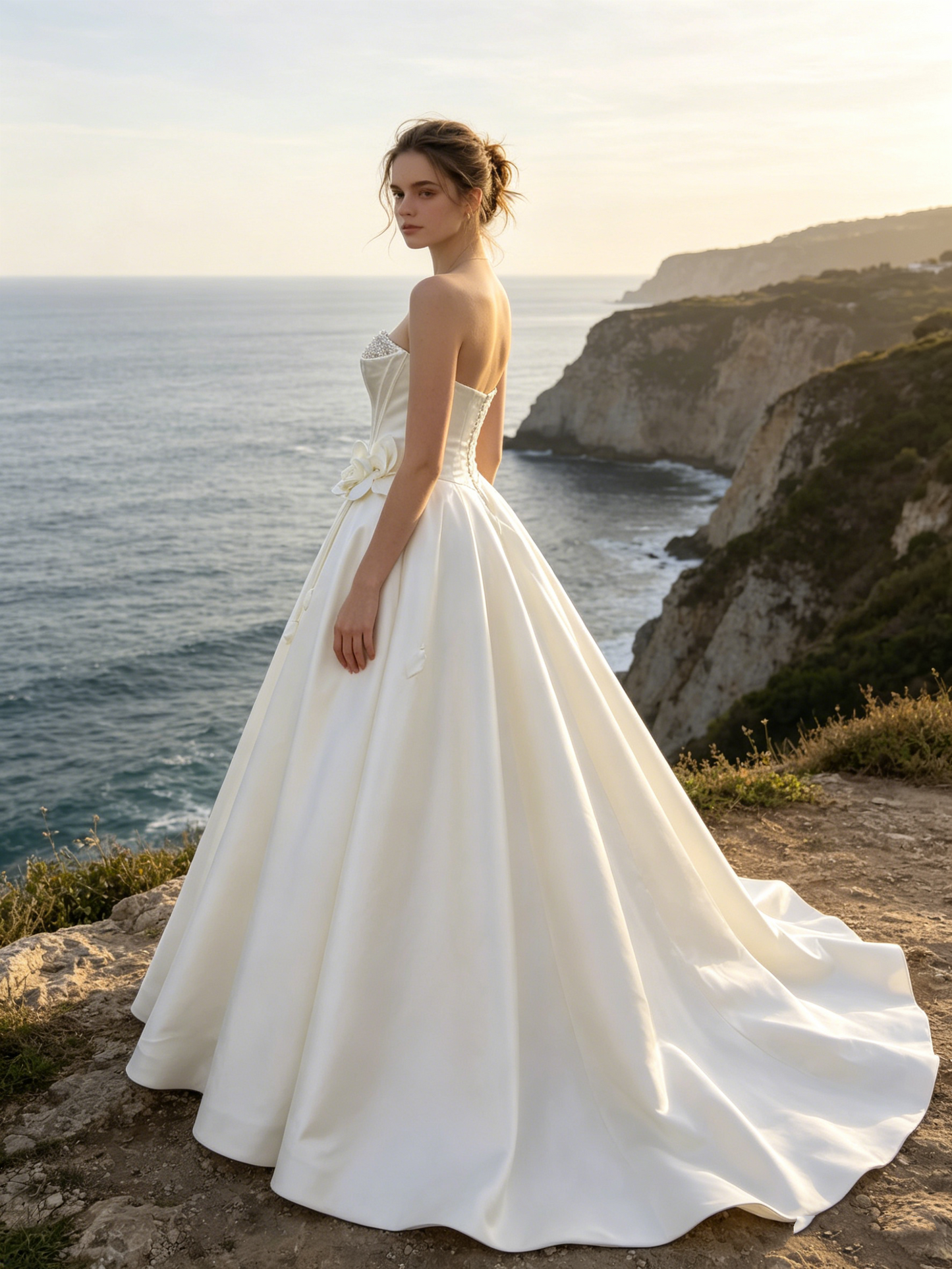 CN304 Strapless Satin Ball Gown Wedding Dress with Pearl Bust & 3D Floral Detail