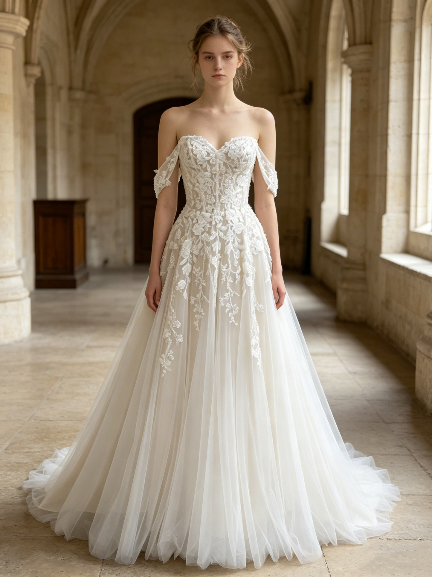 CS309 Romantic Off-the-Shoulder A-Line Wedding Dress with Floral Lace