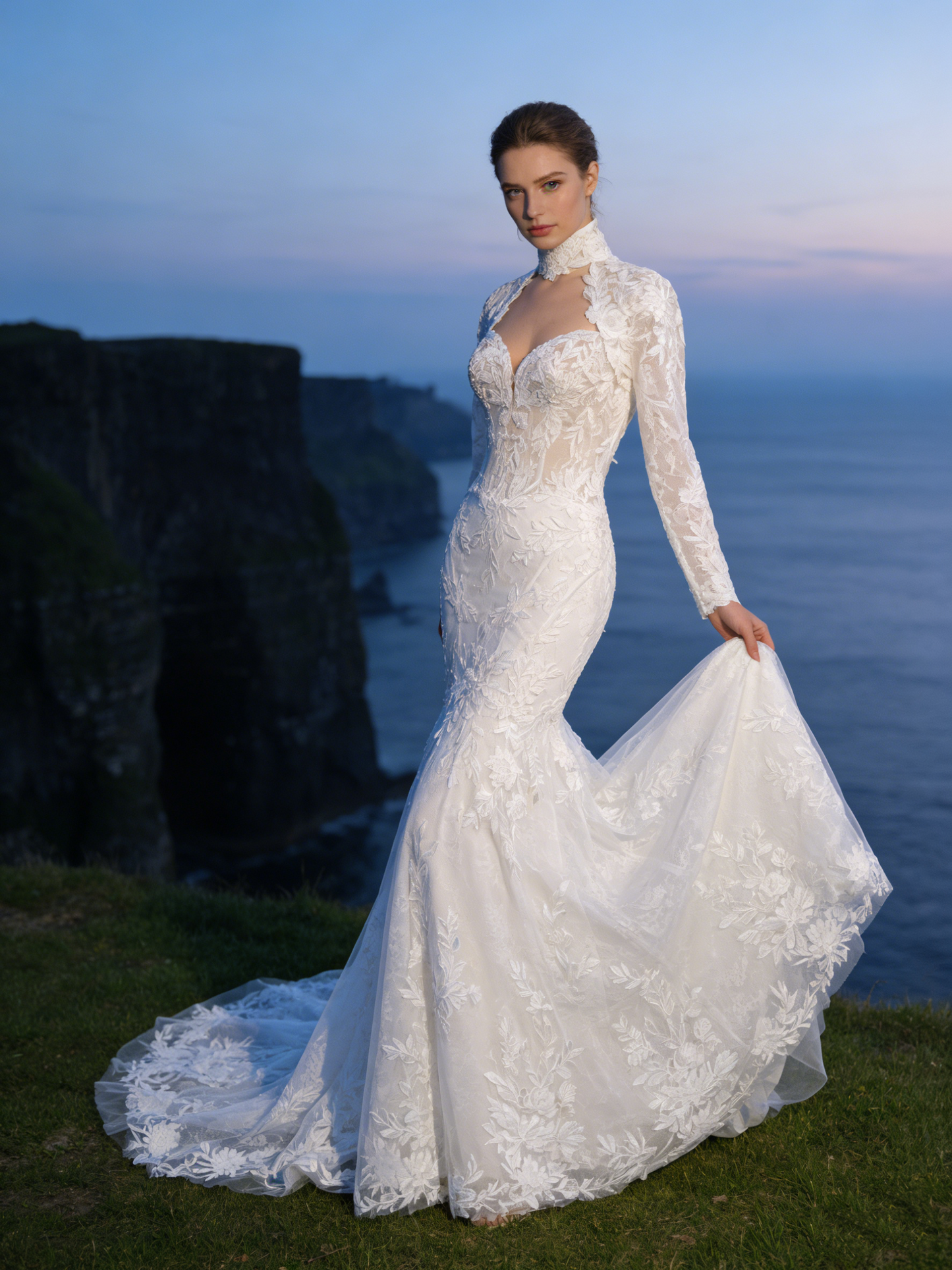 ZT005  Elegant High Neck Long Sleeve Mermaid Wedding Dress with 3D Lace Appliqué & Keyhole Cutout