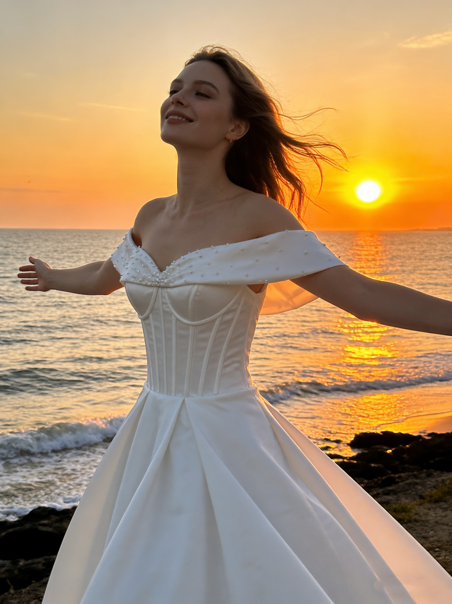 CS237 Elegant Off-the-Shoulder Satin A-Line Wedding Dress with Corset Bodice & Pearl Detailing