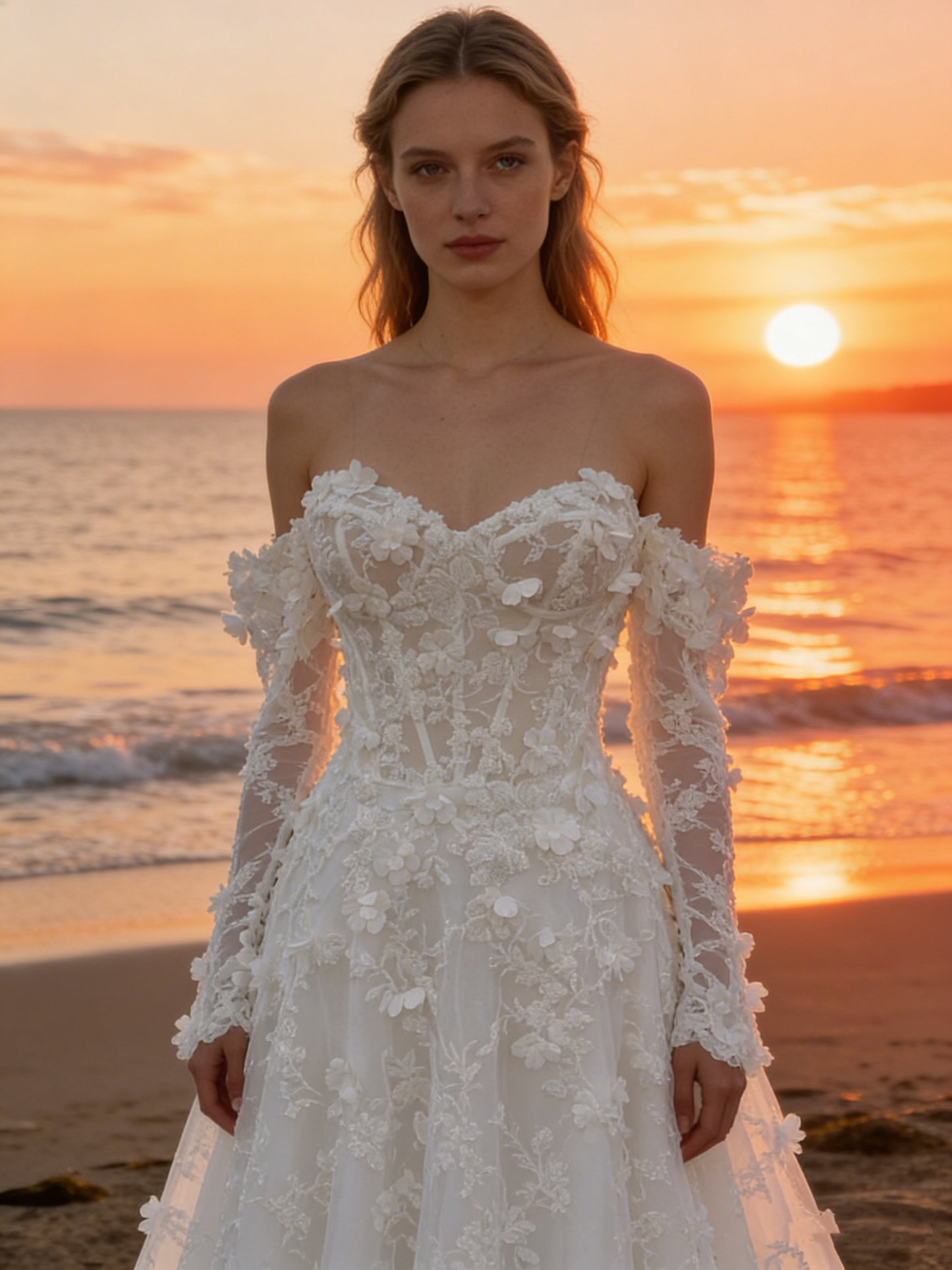 CS251 Elegant Off-the-Shoulder A-Line Wedding Dress with 3D Floral Lace & Detachable Sleeves