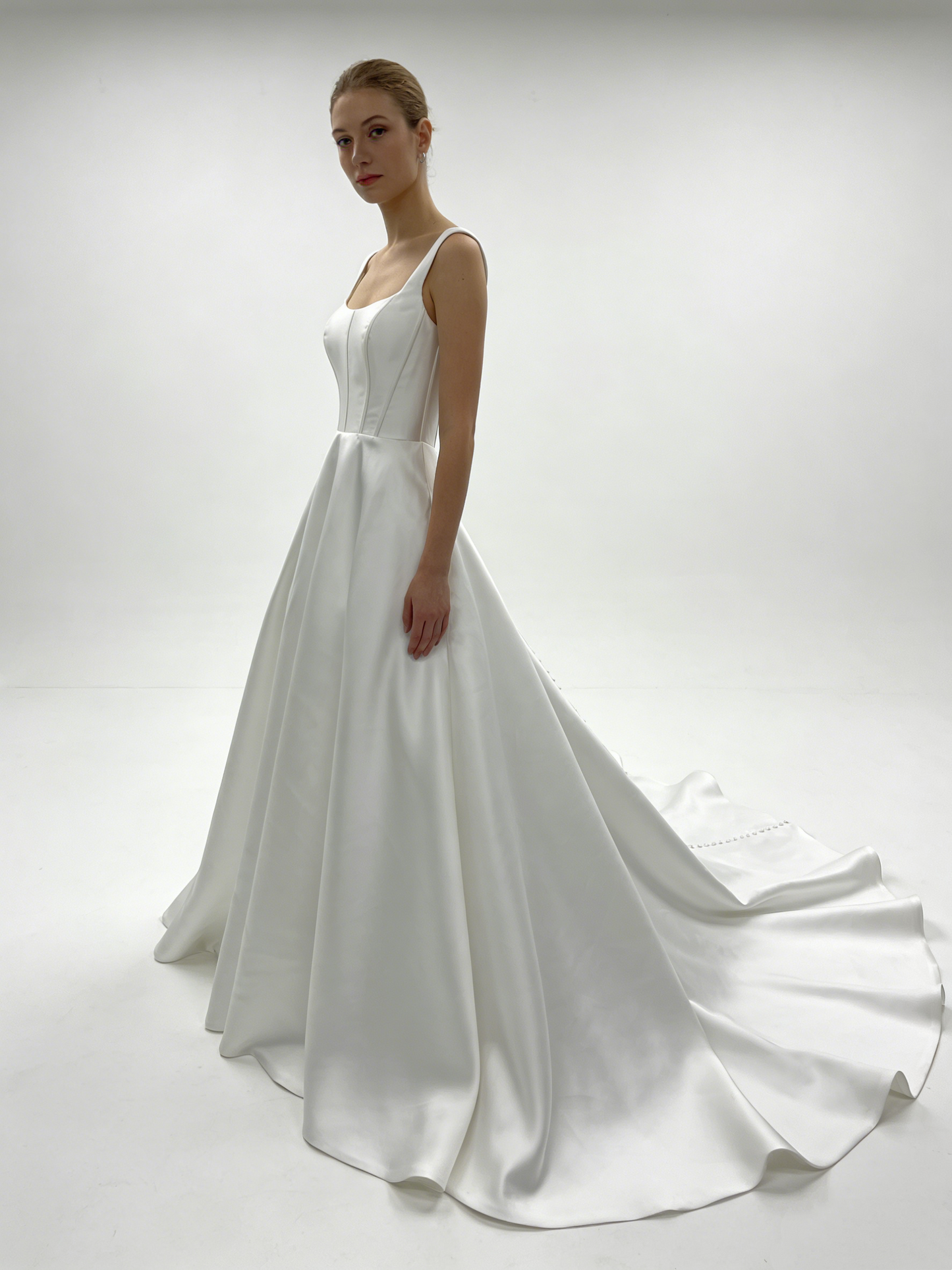 LJX179 Square Neck Satin A-Line Wedding Dress with Corset Back & Covered Buttons