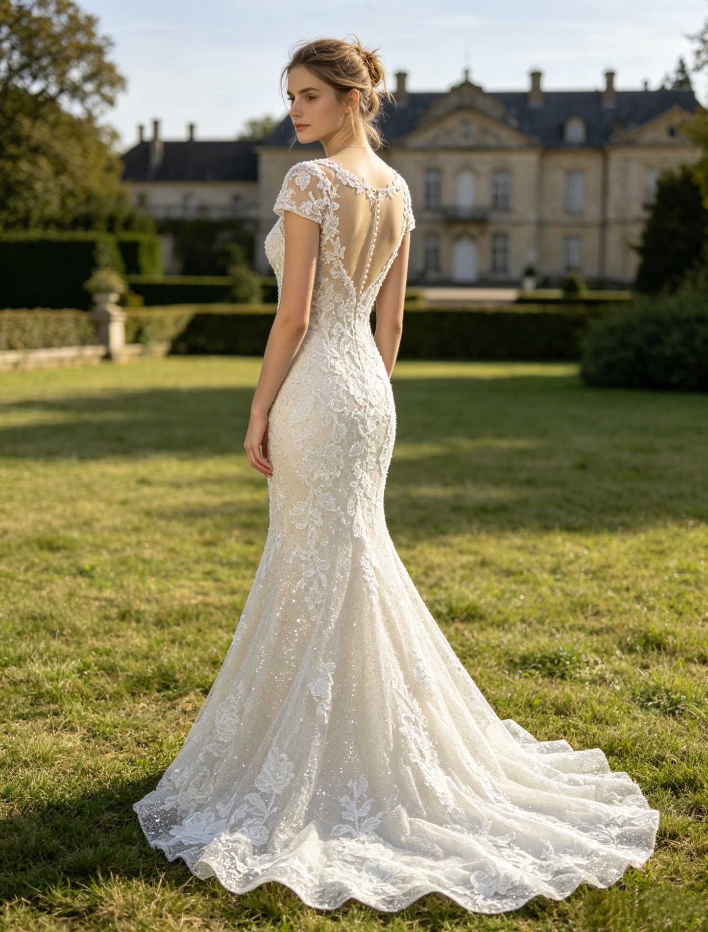 CS387 Beaded Lace Mermaid Wedding Dress with Illusion Neckline & Short Sleeves