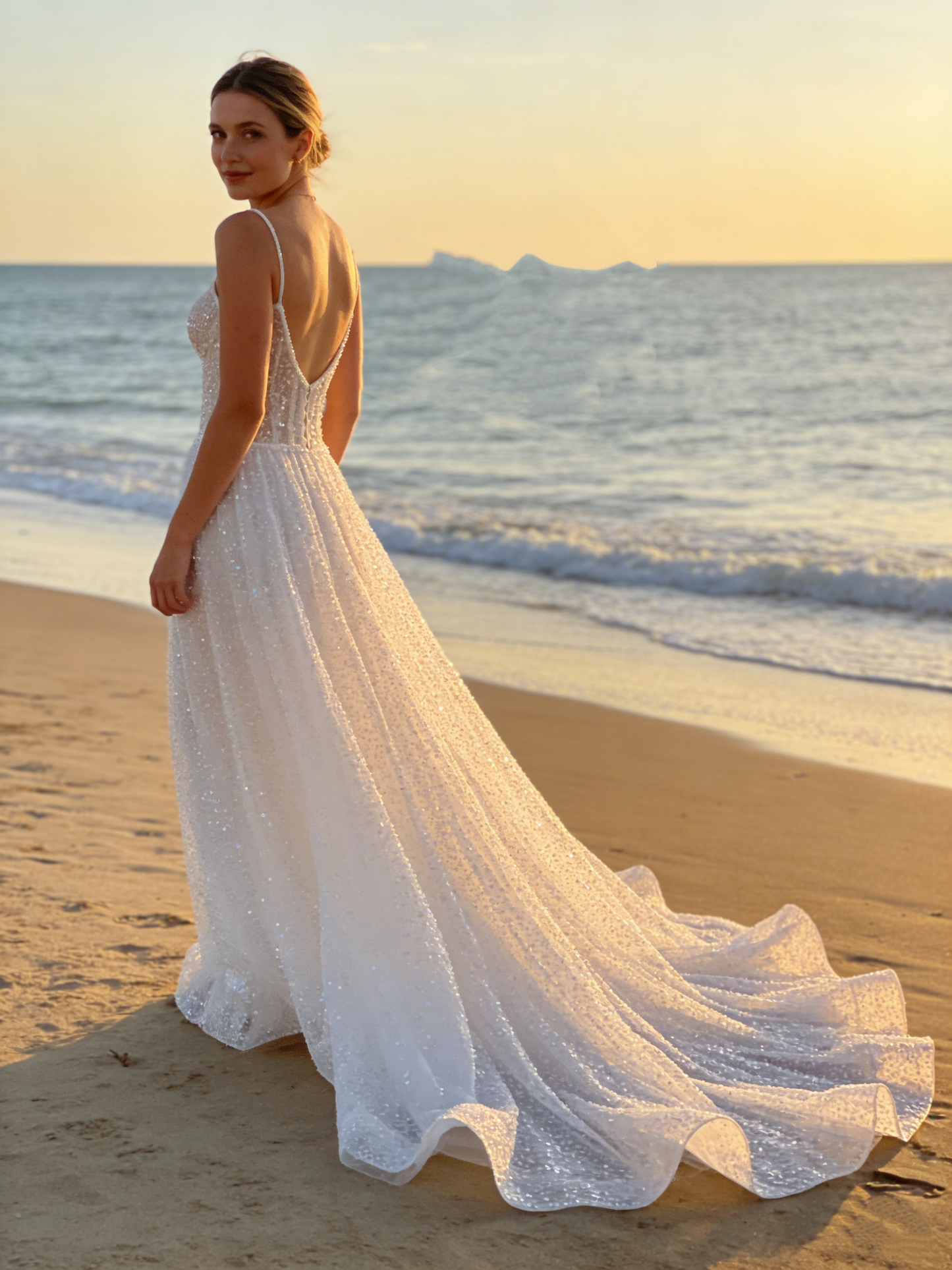 CS129 Sparkling Beaded A-Line Wedding Dress with Spaghetti Straps & Illusion Back