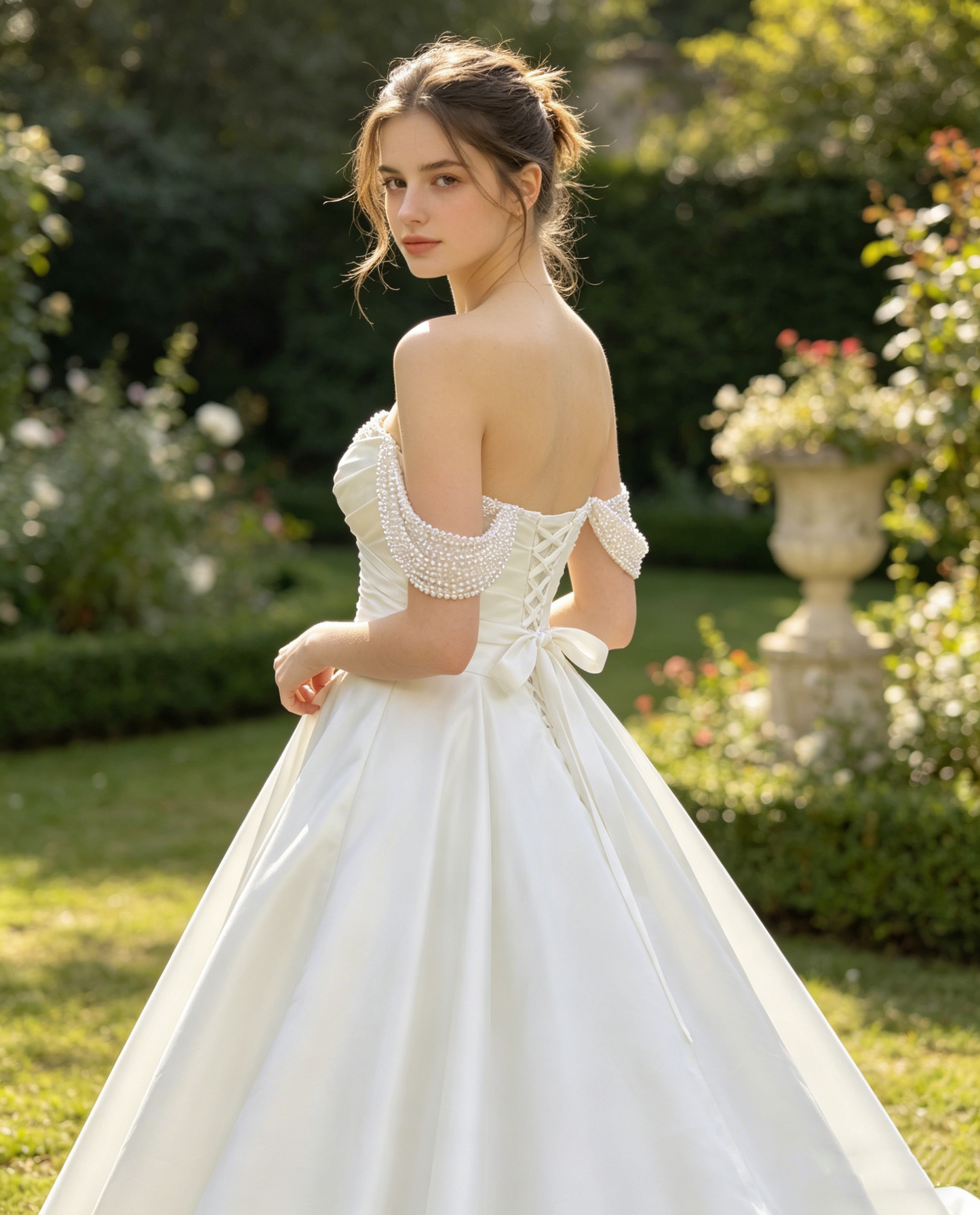 CS283 Off-the-Shoulder Satin Ball Gown Wedding Dress with Pearl Beaded Straps & Corset Back