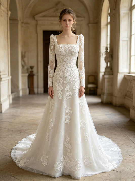 CN310 Square Neck Long Sleeve A-Line Wedding Dress with Floral Lace Appliqués