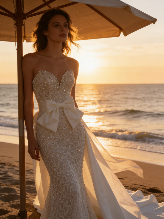 ZT004 Strapless Sweetheart Mermaid Wedding Dress with Detachable Oversized Bow Train & Beaded Bodice