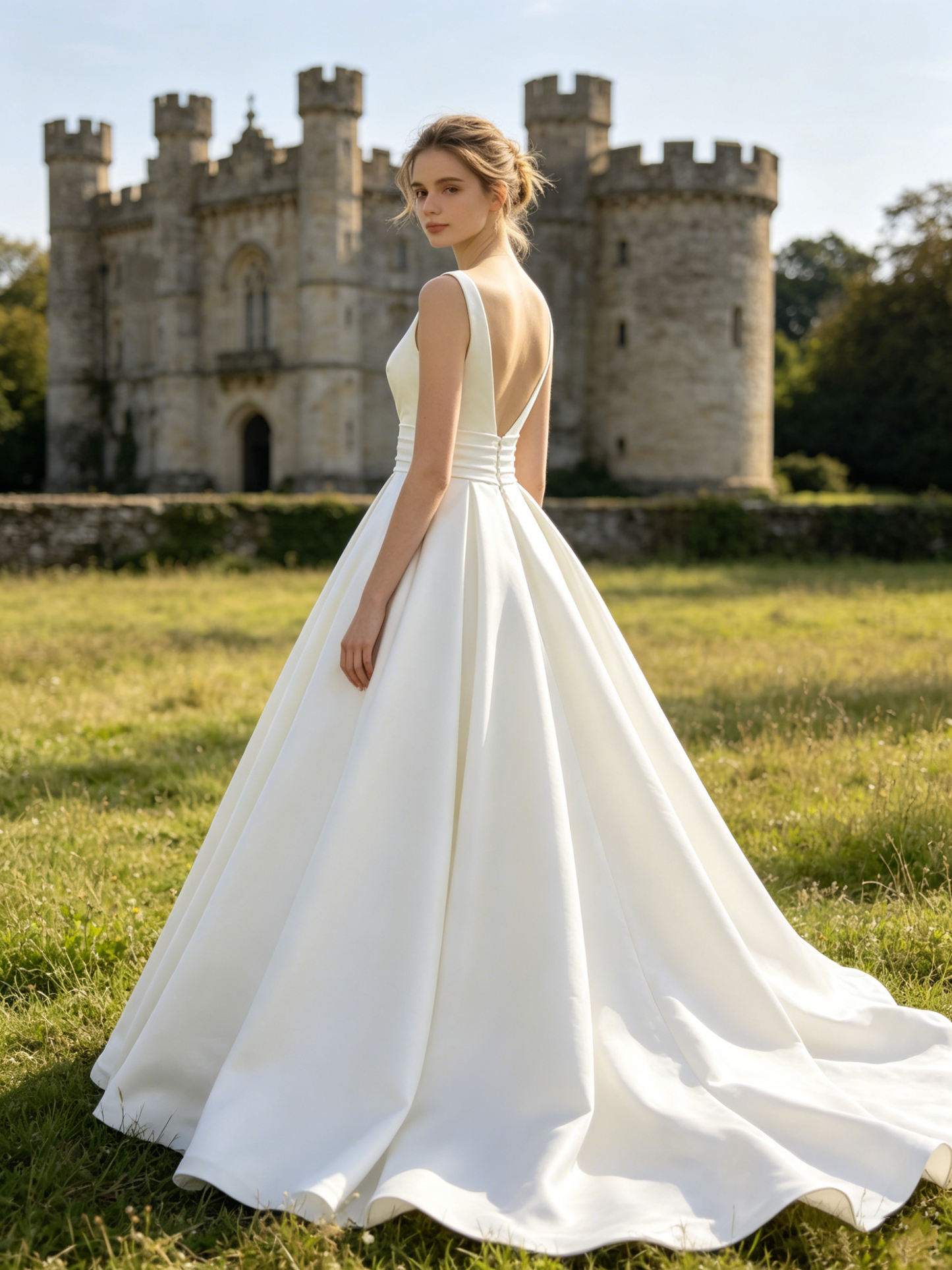 CS386 Elegant Deep V-Neck Satin A-Line Wedding Dress with Waist Sash