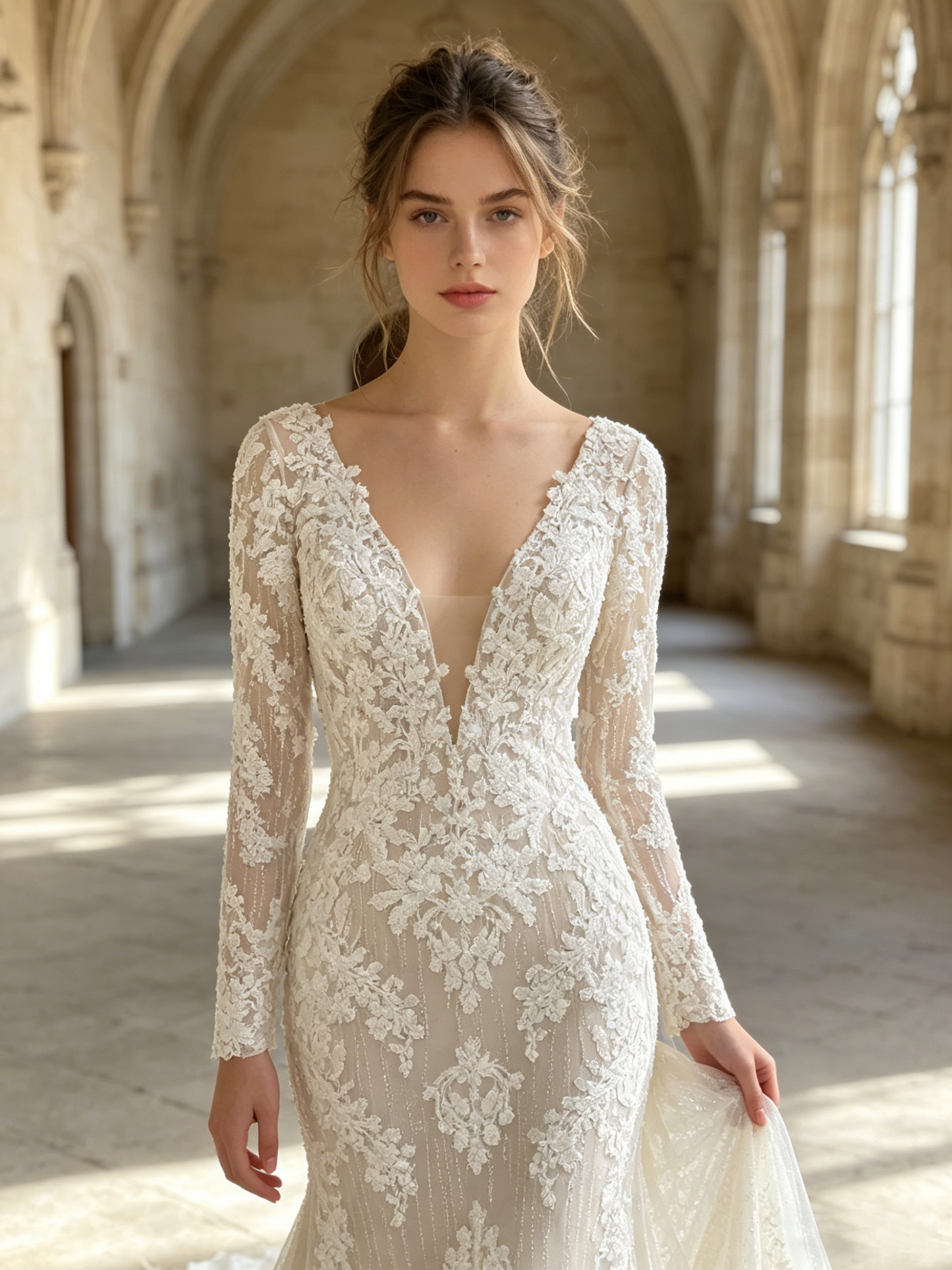 CN306 Deep V-Neck Long Sleeve Mermaid Wedding Dress with Lace Appliqués