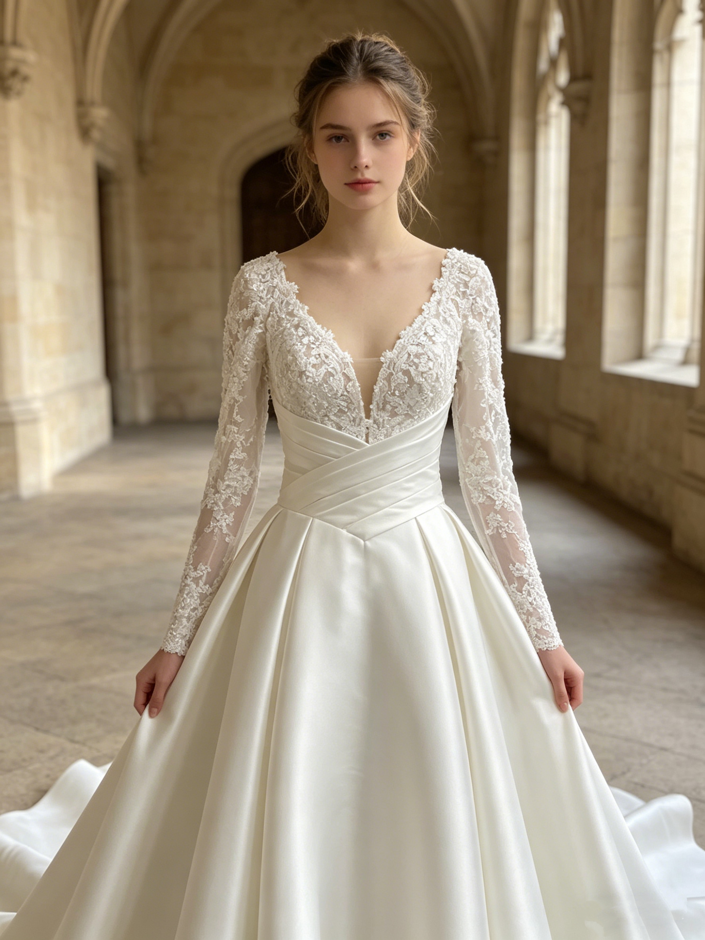 CS434 Long Sleeve Lace & Satin A-Line Wedding Dress with Corset Bodice