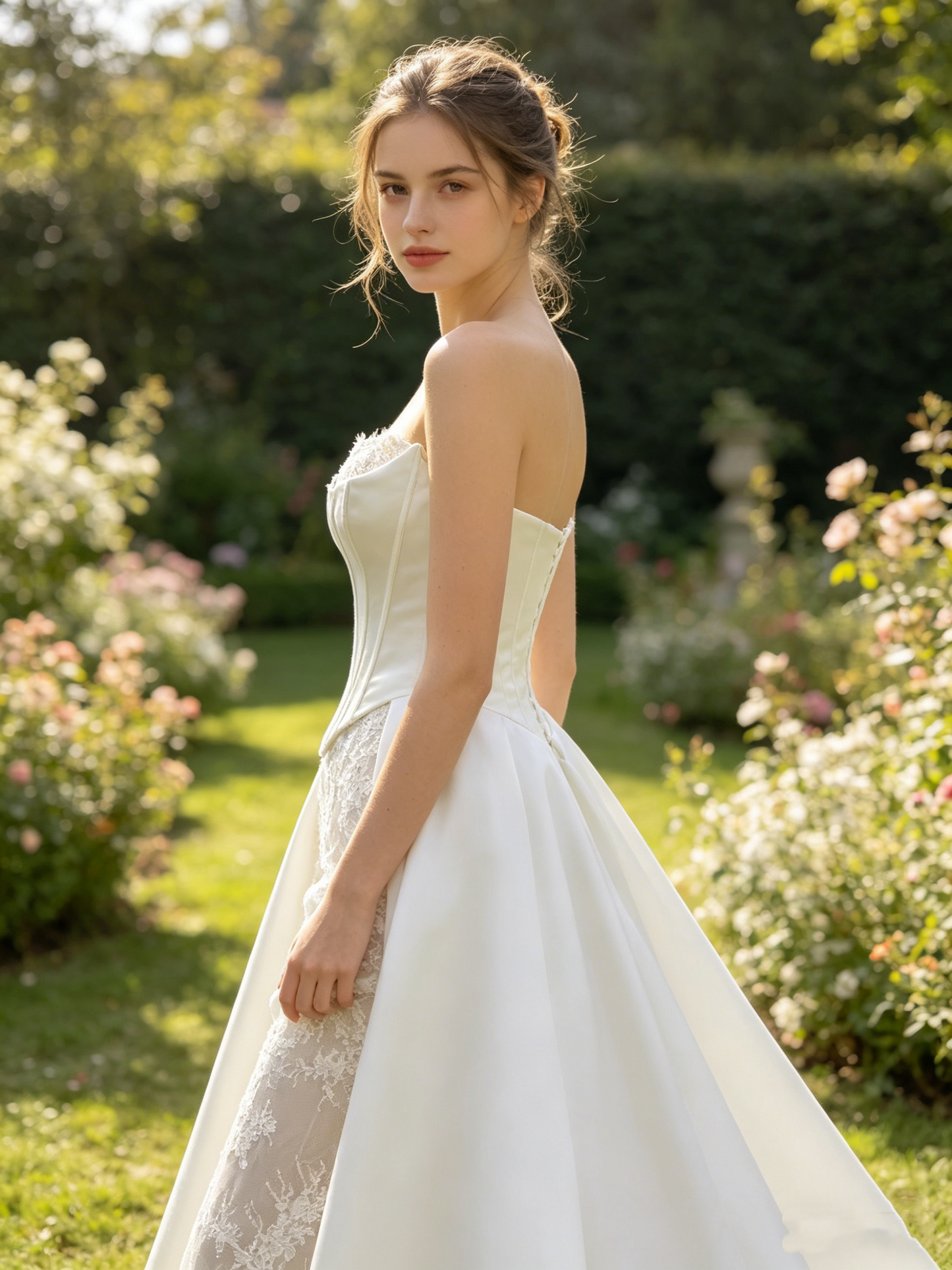 CS422 Strapless Lace Mermaid Wedding Dress with Detachable Satin Overskirt & Corset Bodice