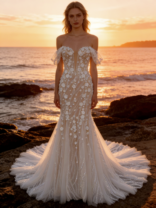 JF002 Off-the-Shoulder Mermaid Wedding Dress with 3D Floral Appliques & Tulle Train