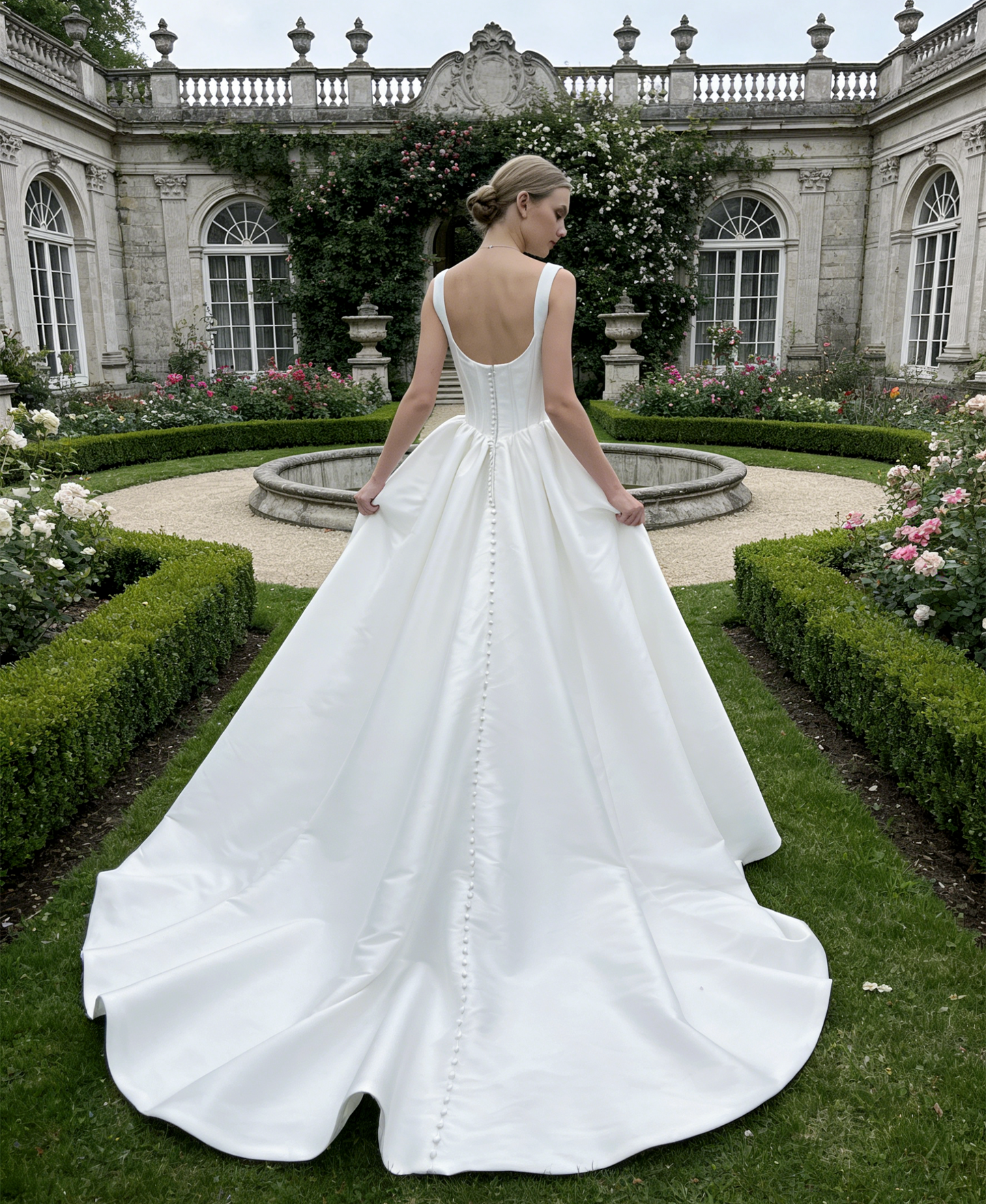 JF042 Elegant Satin Ball Gown Wedding Dress with Square Neck & Corset Bodice