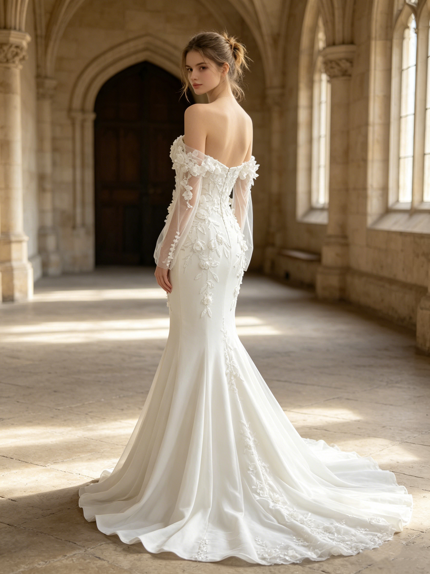 CS384 Off-the-Shoulder 3D Floral Mermaid Wedding Dress with Detachable Sleeves