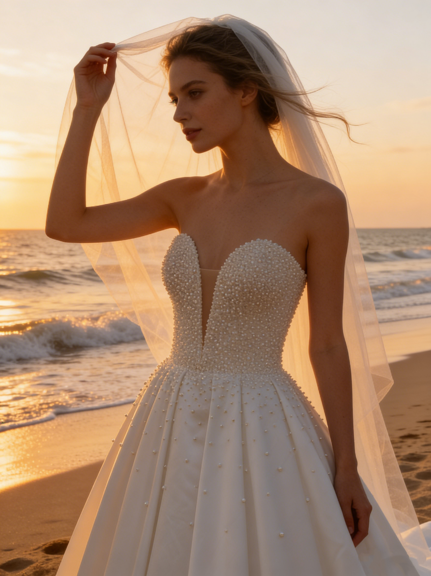 CS211  Elegant Satin A-Line Wedding Dress with Pearl-Embellished Corset Bodice
