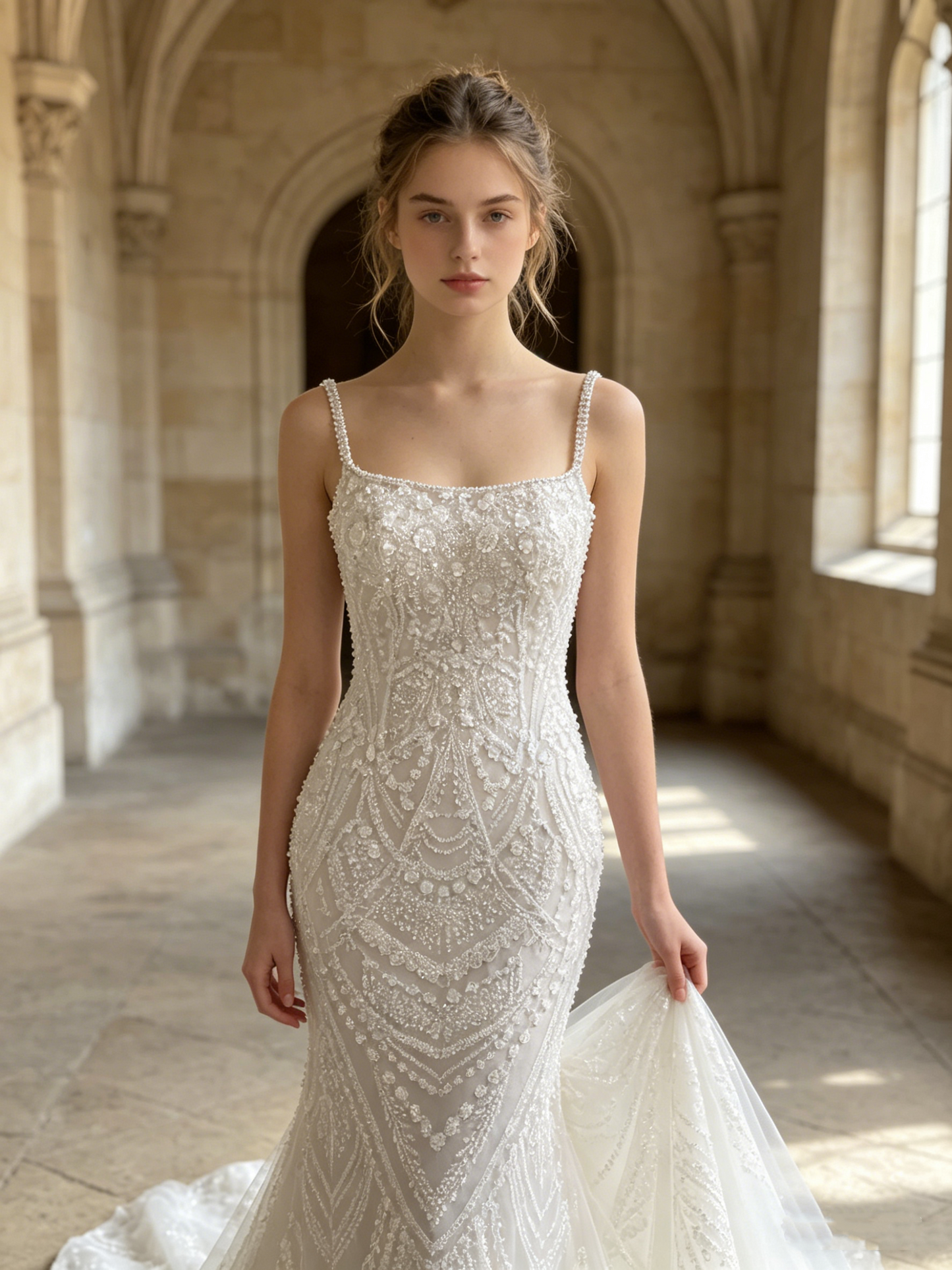 CN352B Beaded Mermaid Wedding Dress with Square Neckline & Pearl Straps