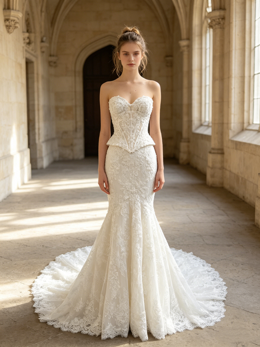 CS326 Strapless Lace Mermaid Wedding Dress with Corset Peplum & Lace-Up Back