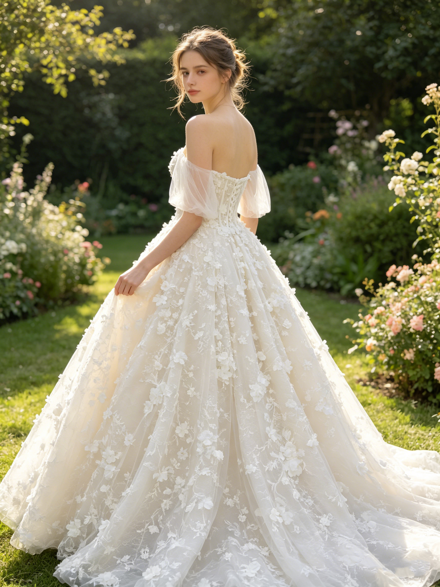 CN305 Off-the-Shoulder 3D Floral Lace Ball Gown Wedding Dress with Corset Bodice