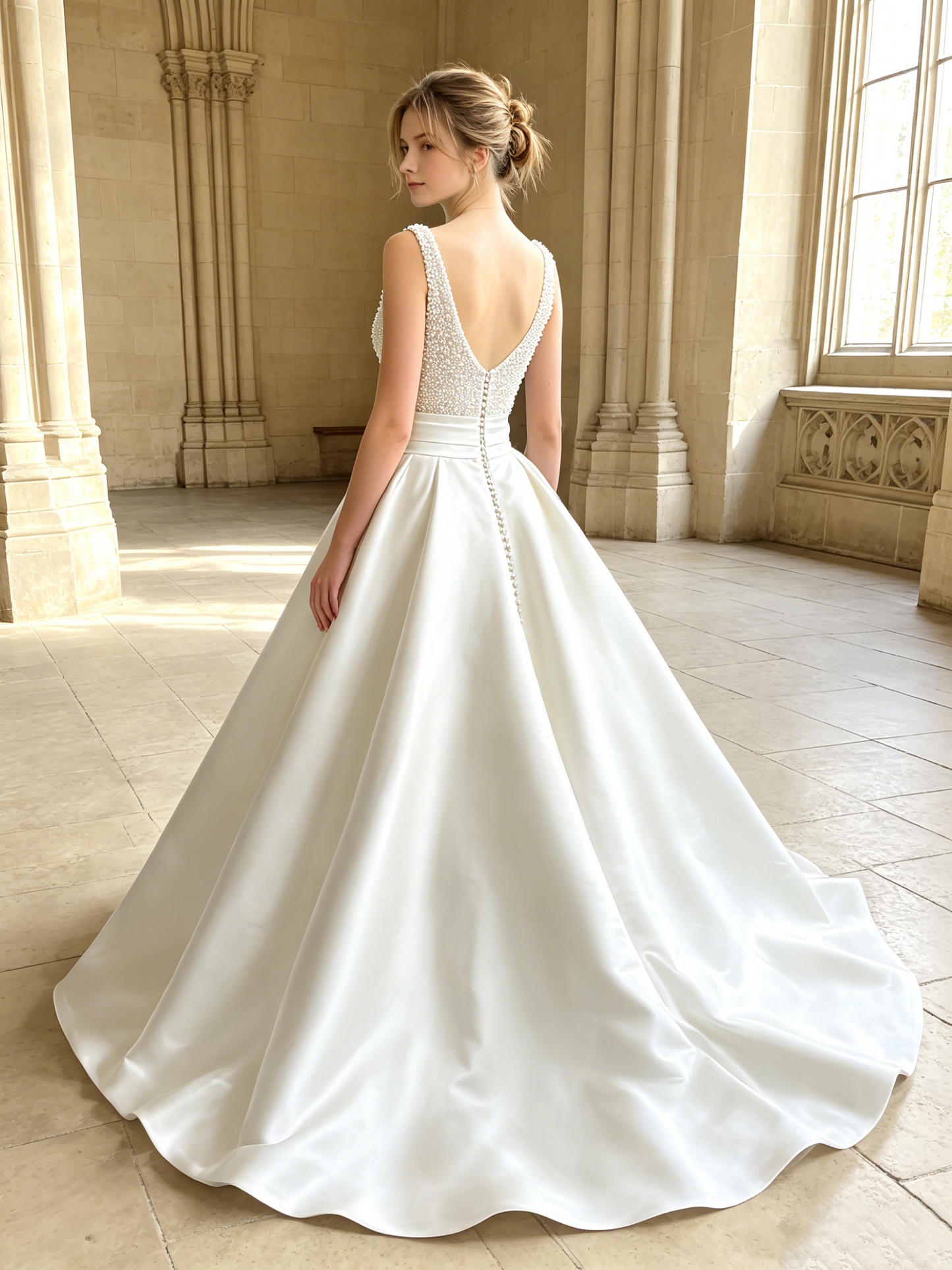 CS272 Luxury Pearl Beaded Satin Ball Gown Wedding Dress with Deep V-Neck & Chapel Train
