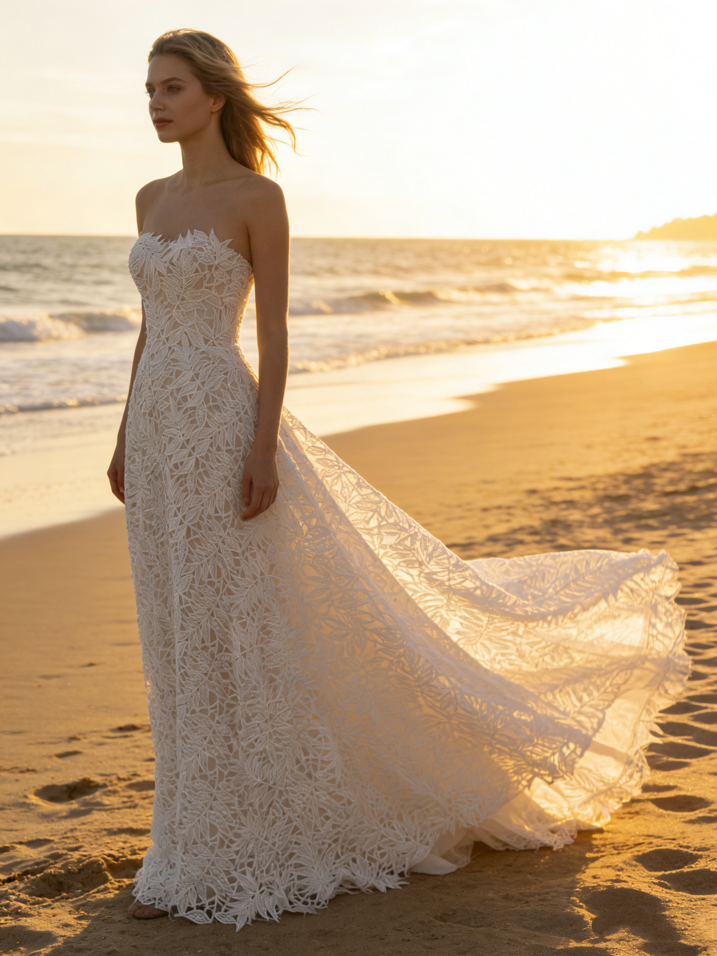 CS186  Tropical Leaf Lace A-Line Wedding Dress with Strapless Sweetheart Neck & Chapel Train