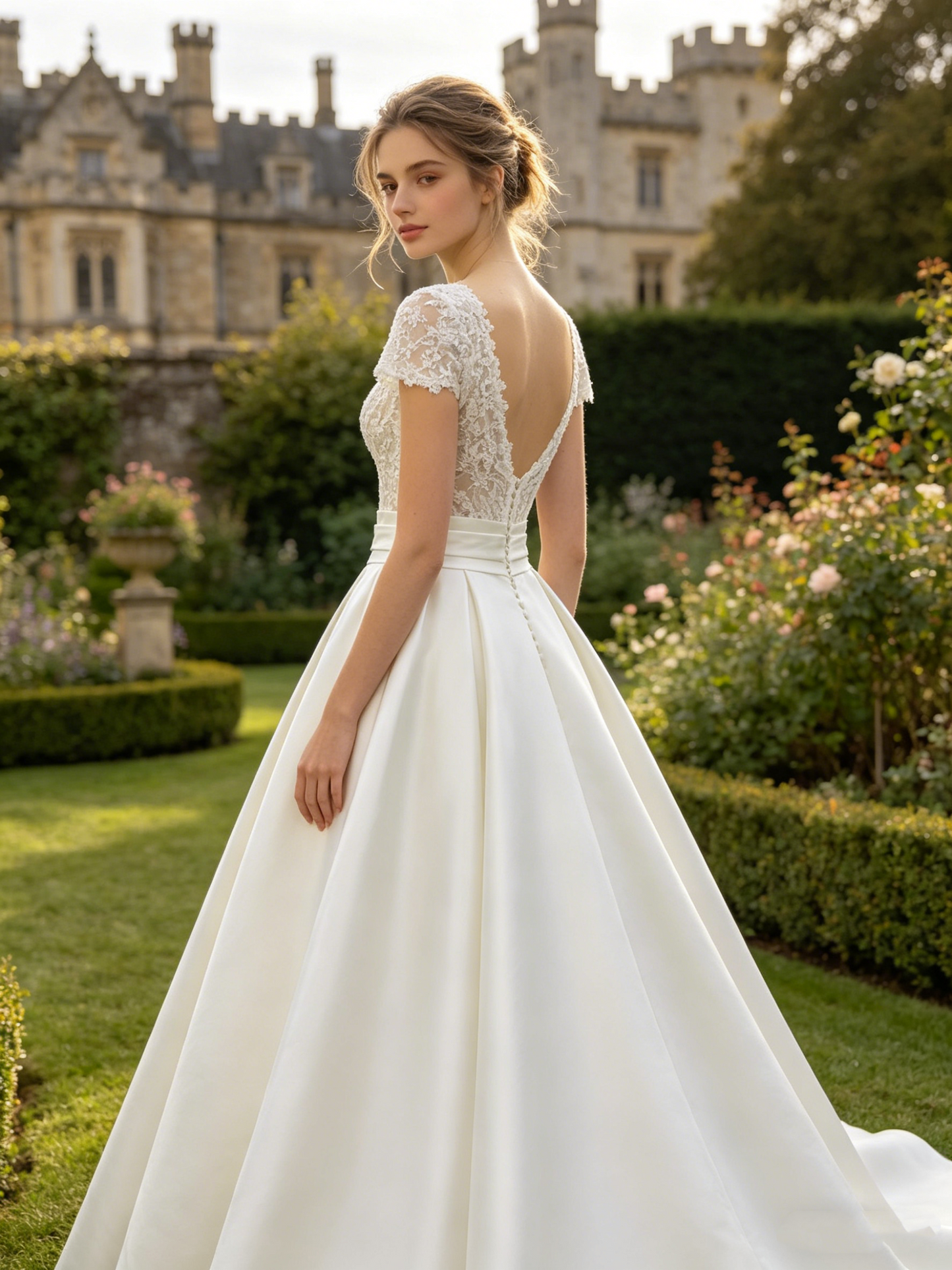 CS435 Short Sleeve Lace & Satin A-Line Wedding Dress with Corset Bodice