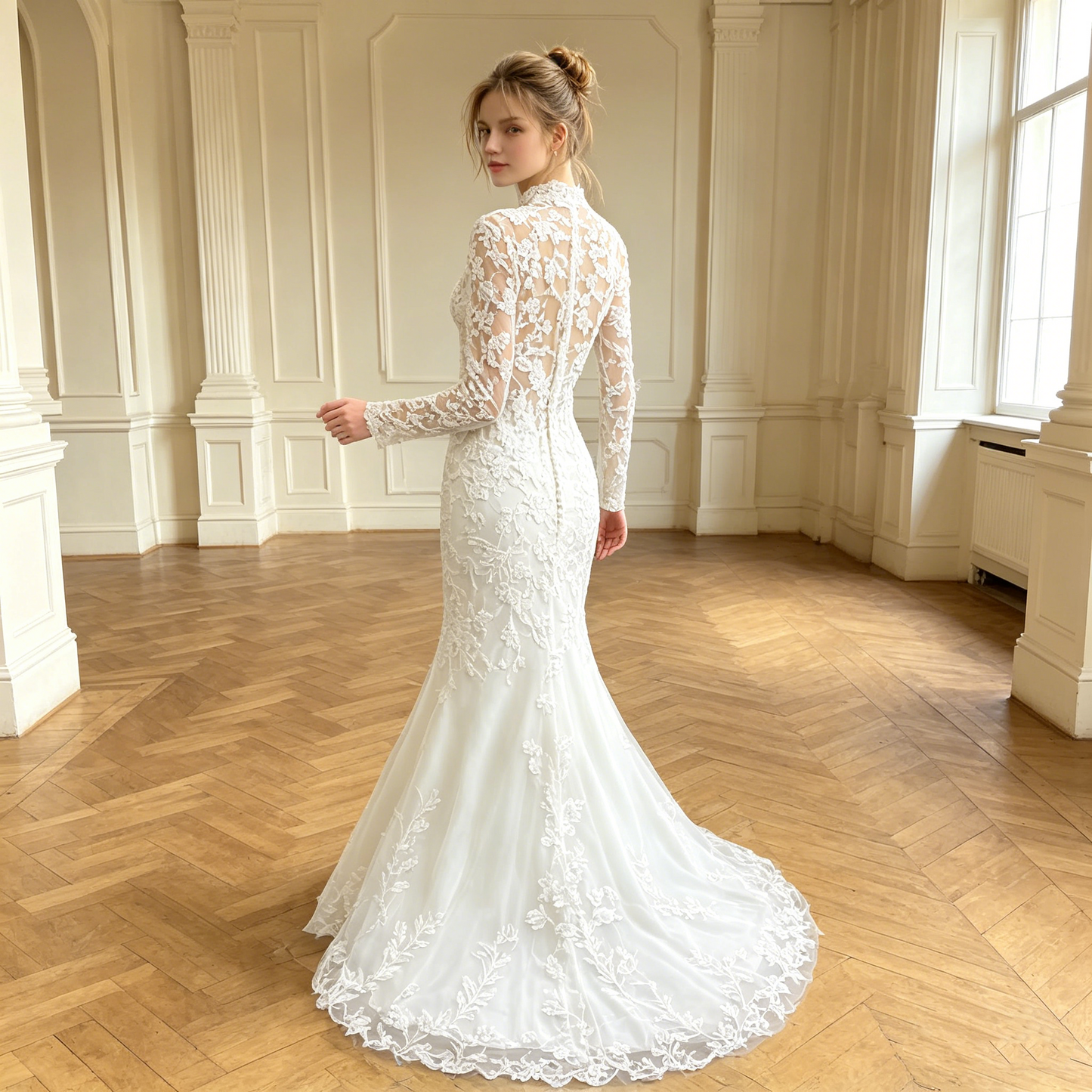 CS305 High-Neck Long-Sleeve Lace Mermaid Wedding Dress with Buttons & Chapel Train
