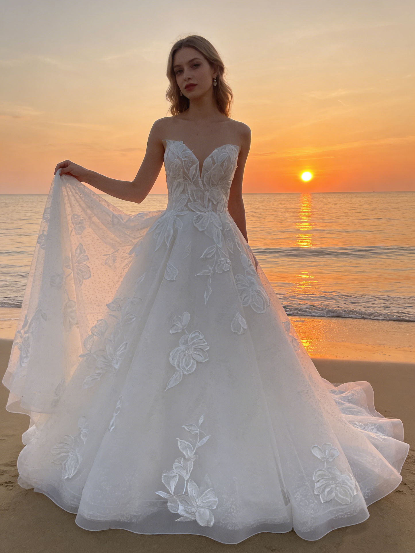 CS252  Elegant Strapless Sweetheart A-Line Wedding Dress with 3D Floral Lace & Sparkle Tulle