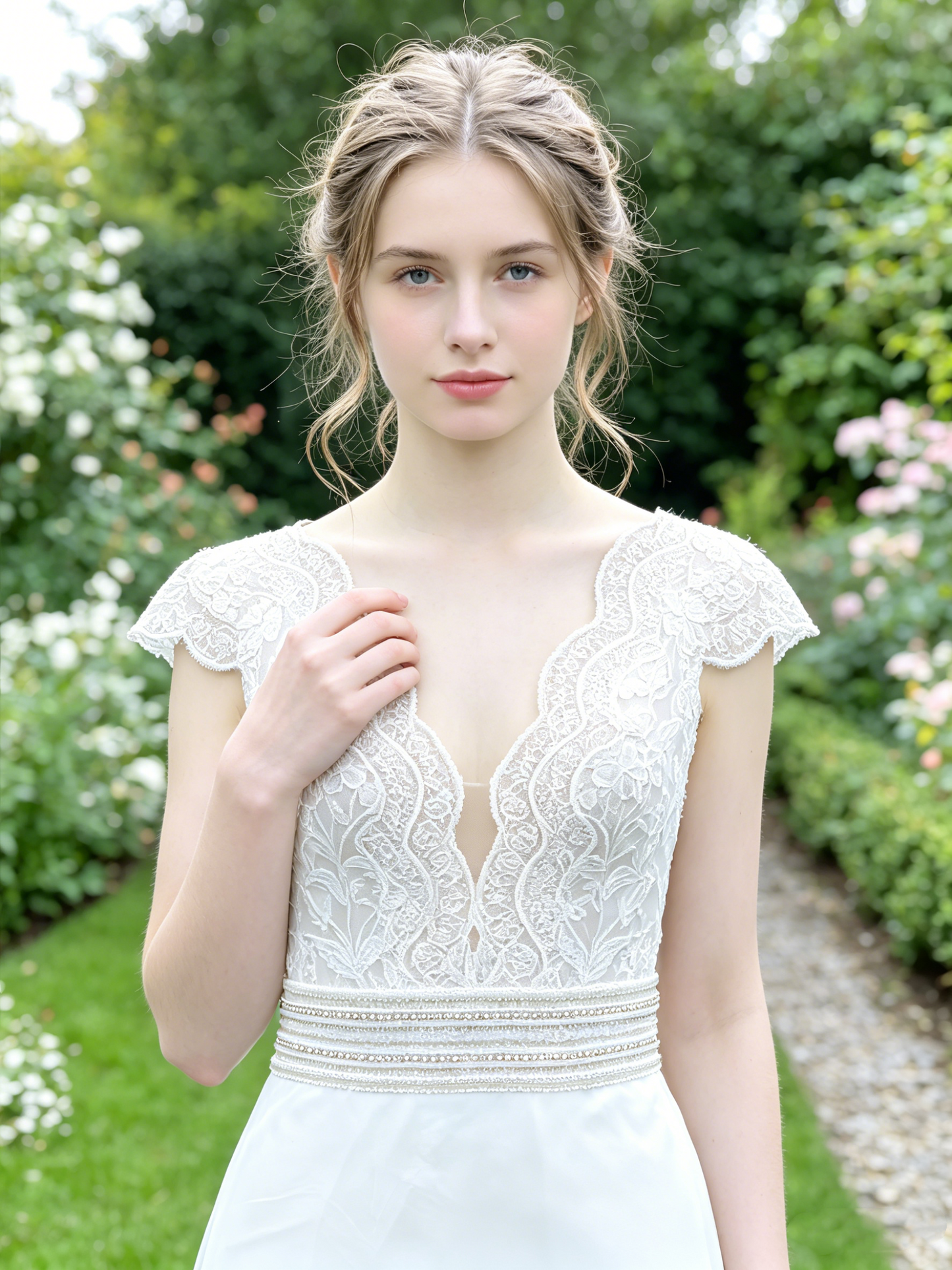 CS268 Romantic Lace & Chiffon A-Line Wedding Dress with Plunging V-Neck & Beaded Waistband