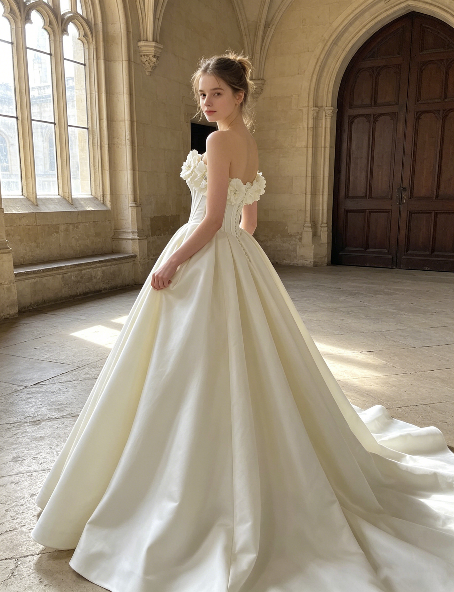 CS351 Strapless Satin A-Line Wedding Dress with 3D Floral Appliqués & Corset Bodice