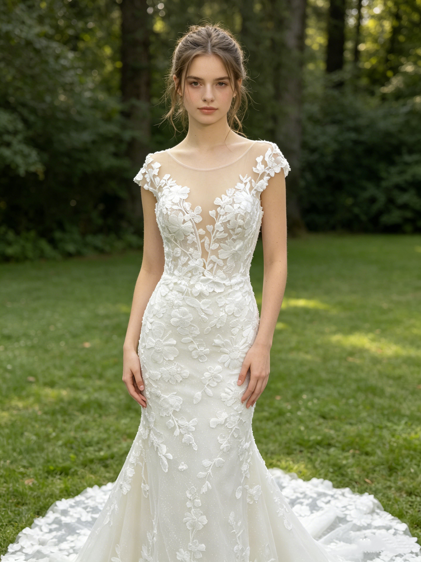 CS278 Romantic 3D Floral Lace Mermaid Wedding Dress with Illusion Neckline & Cap Sleeves