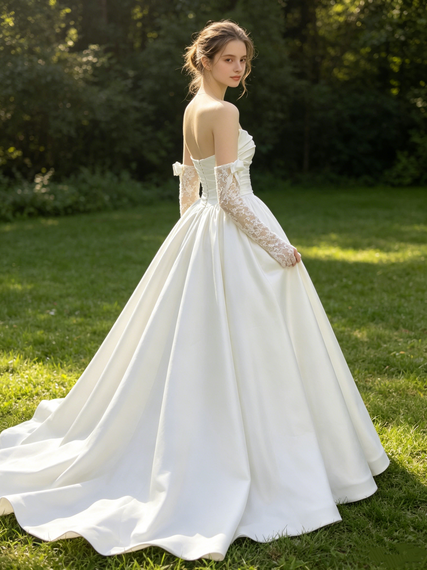 CS354 Strapless Satin A-Line Wedding Dress with Detachable Lace Bow Gloves