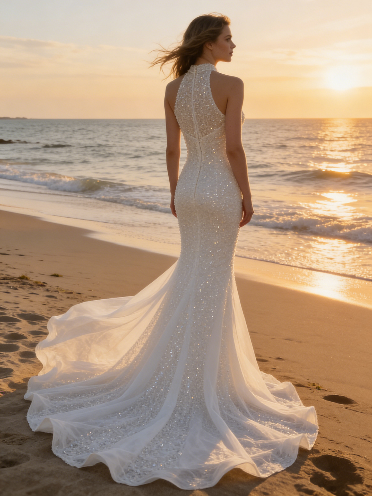 CS149 Luxury Beaded Halter Mermaid Wedding Dress with Scalloped Train