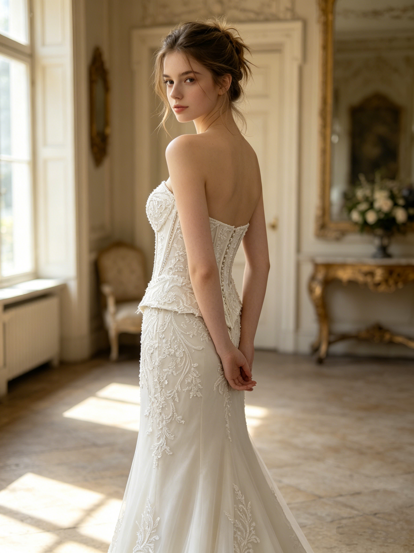 CN346 Beaded Lace Mermaid Wedding Dress with Corset Bodice & Peplum
