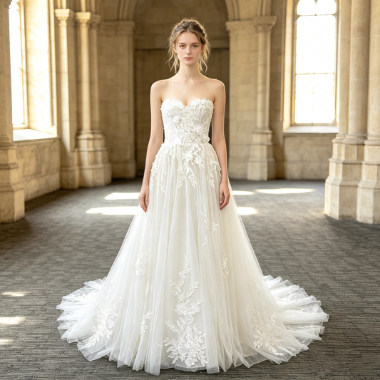 CS355 Strapless 3D Floral Lace A-Line Wedding Dress with Illusion Corset Back